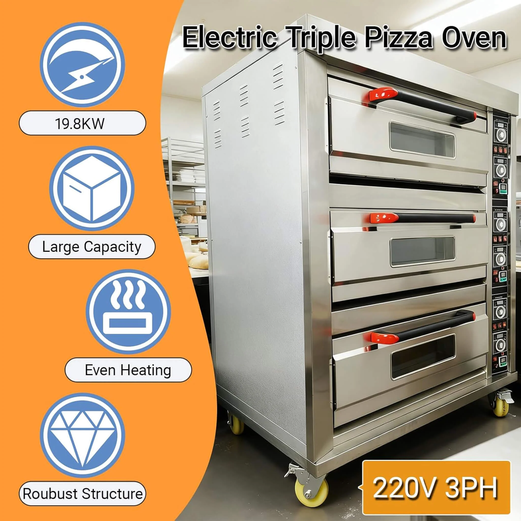 Heavy-Duty Commercial Triple Deck 220V 19.8KW Electric Pizza Oven (SAK56751) - Image 3