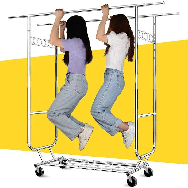 Heavy Duty Double Bar Clothes Garment Rack on Wheels - 600 lbs Capacity - Image 3
