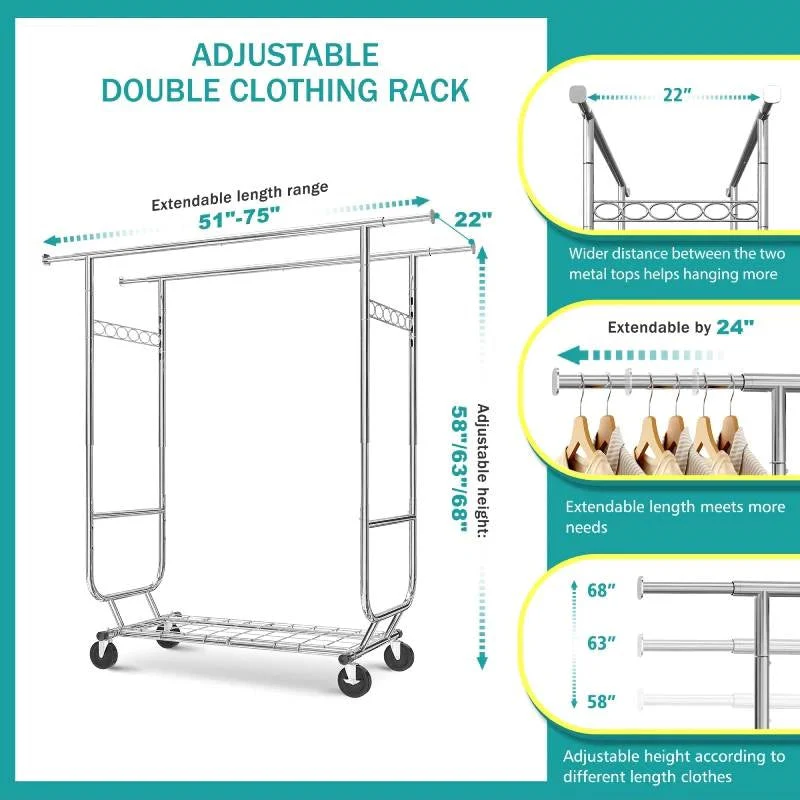 Heavy Duty Double Bar Clothes Garment Rack on Wheels - 600 lbs Capacity - Image 4