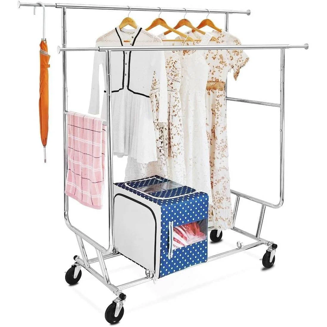 Heavy Duty Double Bar Clothes Hanging Garment Rack on Lockable Wheels - Image 2