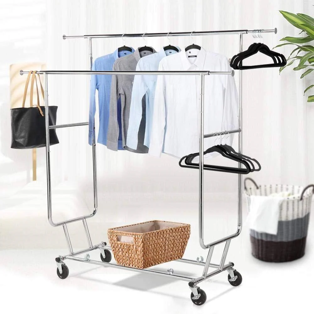 Heavy Duty Double Bar Clothes Hanging Garment Rack on Lockable Wheels - Image 3
