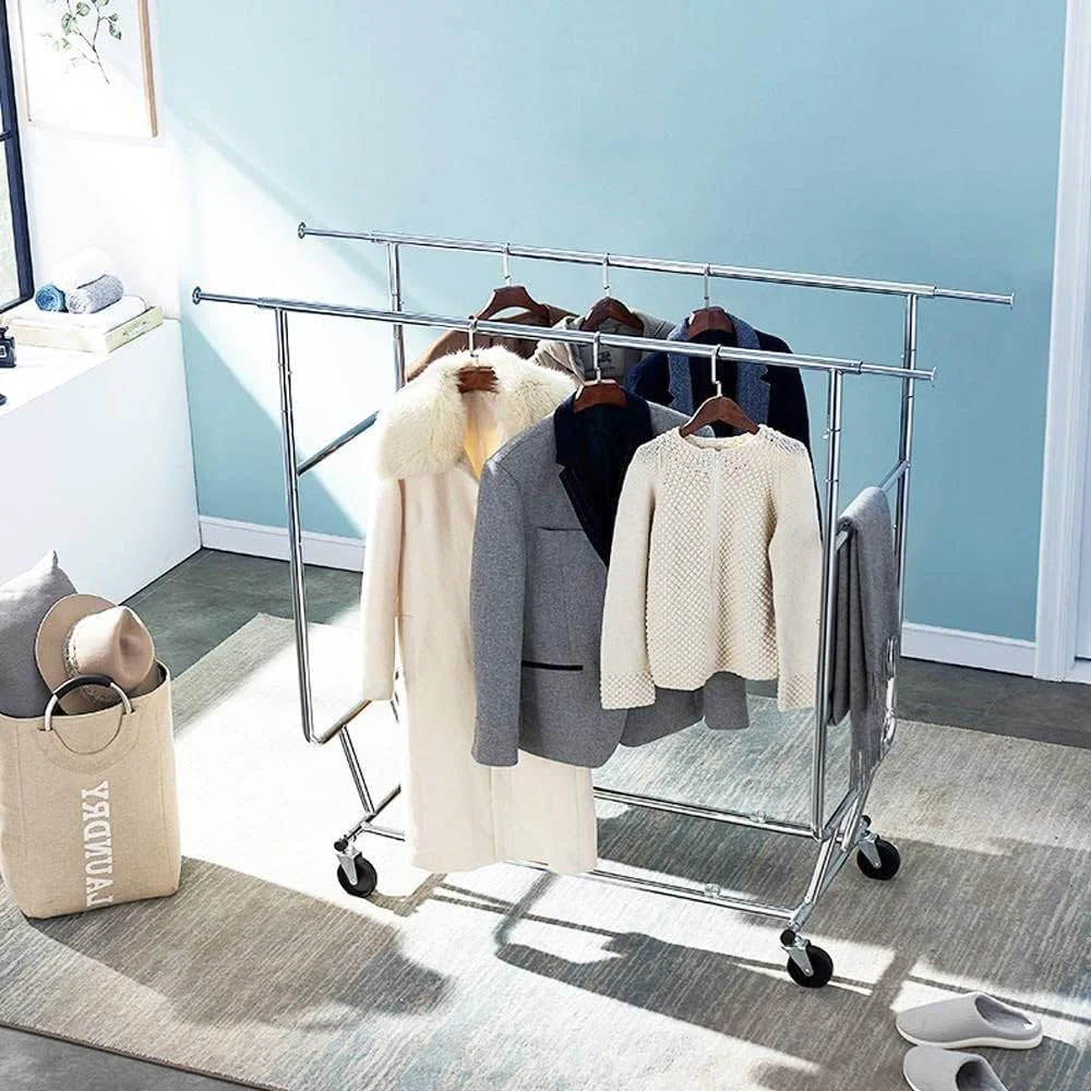 Heavy Duty Double Bar Clothes Hanging Garment Rack on Lockable Wheels - Image 4