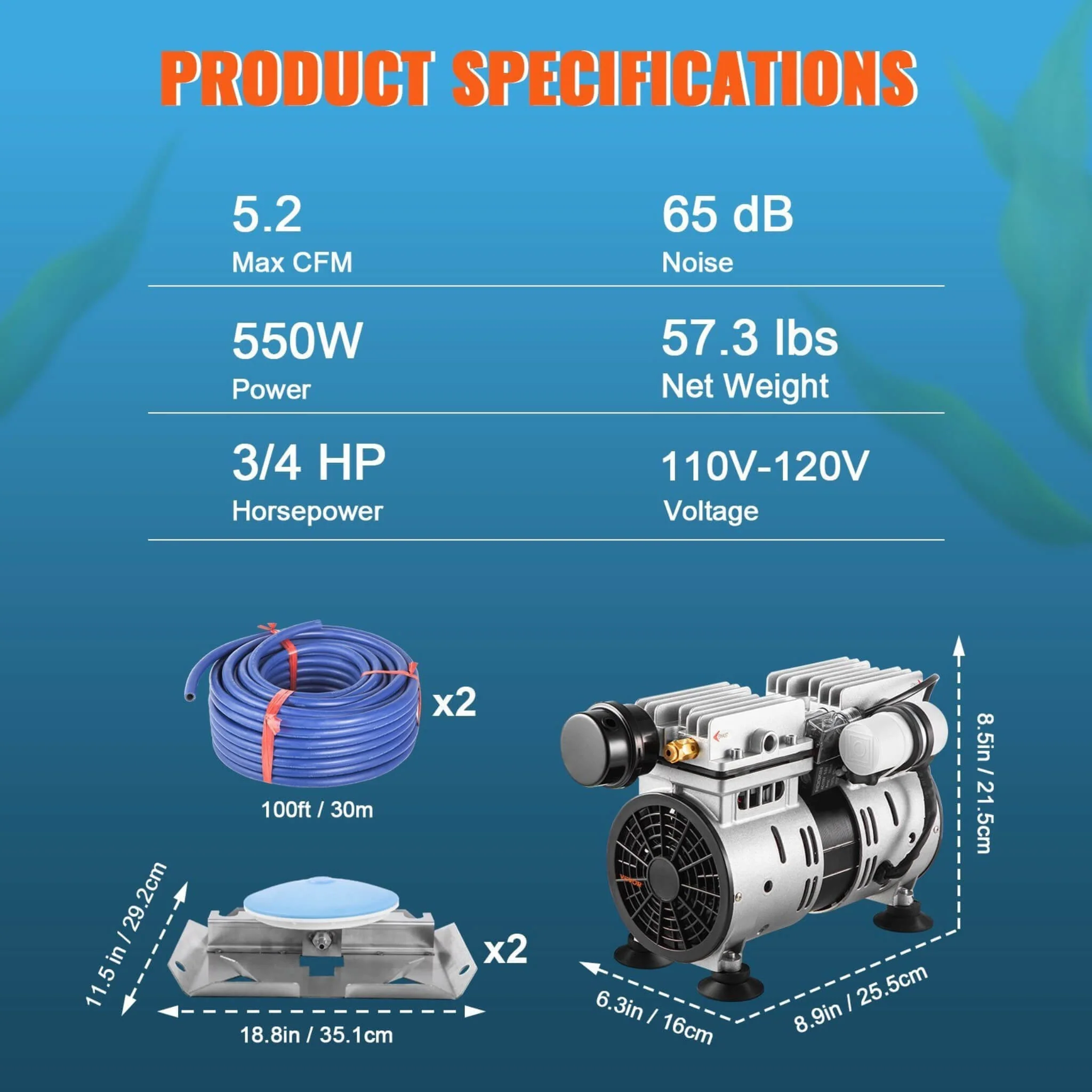 Heavy-Duty Pond Aerator Kit With Compressor, Diffusers And Weighted Tubing (SAK08795) - Image 8