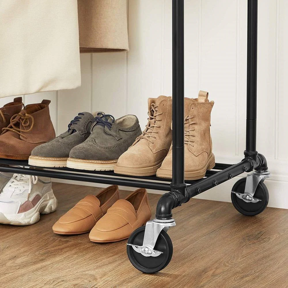 Heavy Duty Rustic Pipe Black Double-Rail Clothes Garment Rack w/ Locking Wheels - Image 3