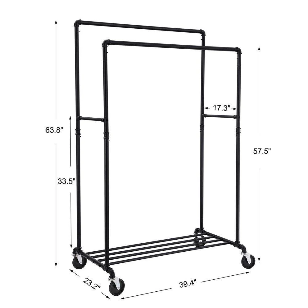 Heavy Duty Rustic Pipe Black Double-Rail Clothes Garment Rack w/ Locking Wheels - Image 5