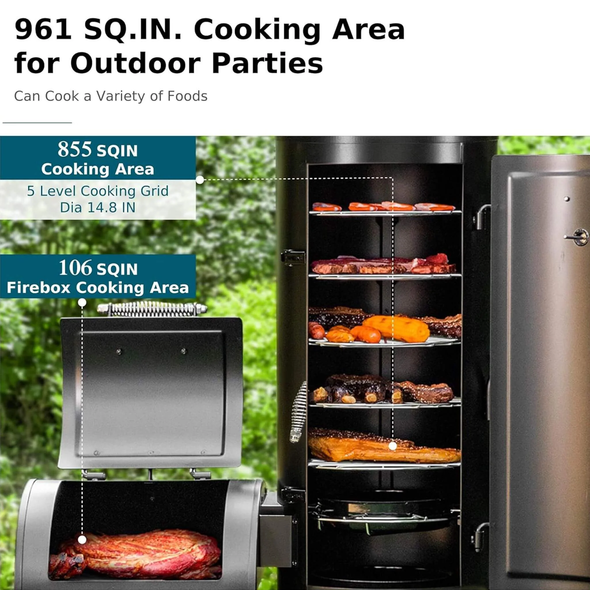 Heavy-Duty Vertical Extra-Large Charcoal Offset BBQ Smoker Grill Combo (SAK80247) - Image 11