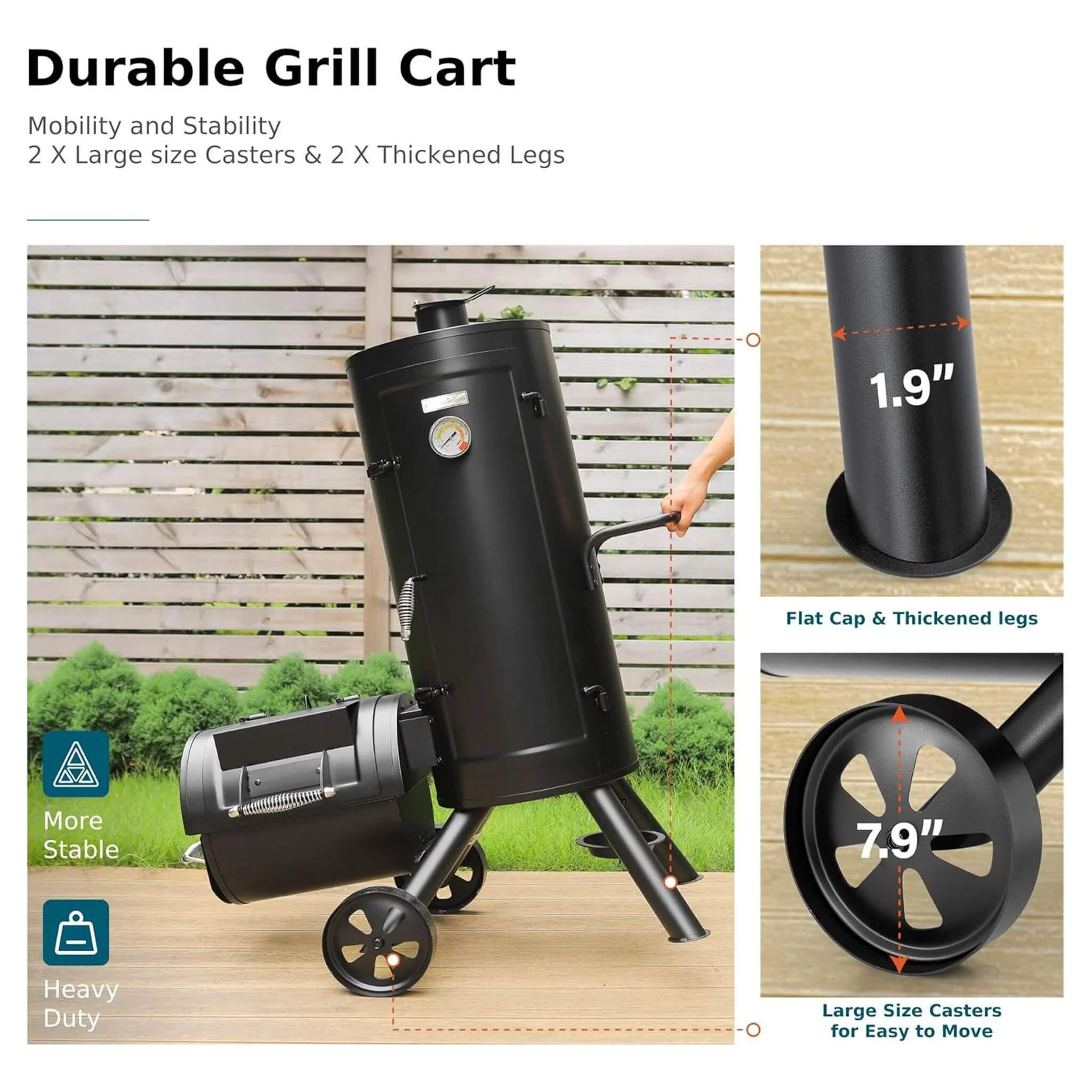 Heavy-Duty Vertical Extra-Large Charcoal Offset BBQ Smoker Grill Combo (SAK80247) - Image 4