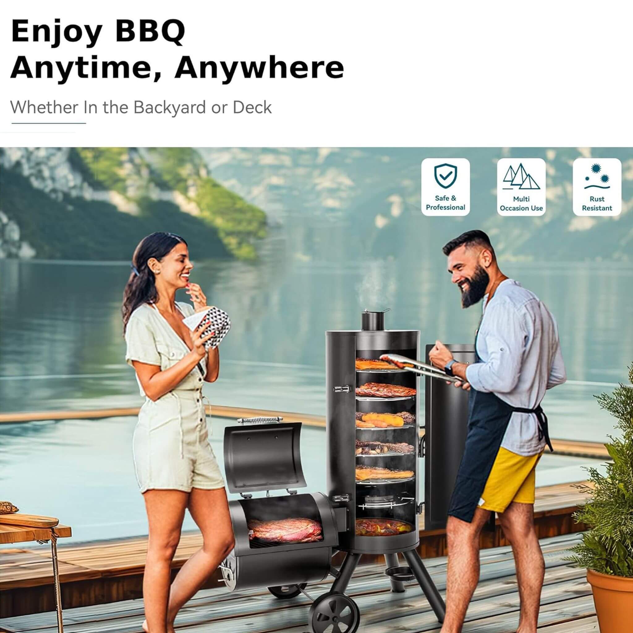 Heavy-Duty Vertical Extra-Large Charcoal Offset BBQ Smoker Grill Combo (SAK80247) - Image 7