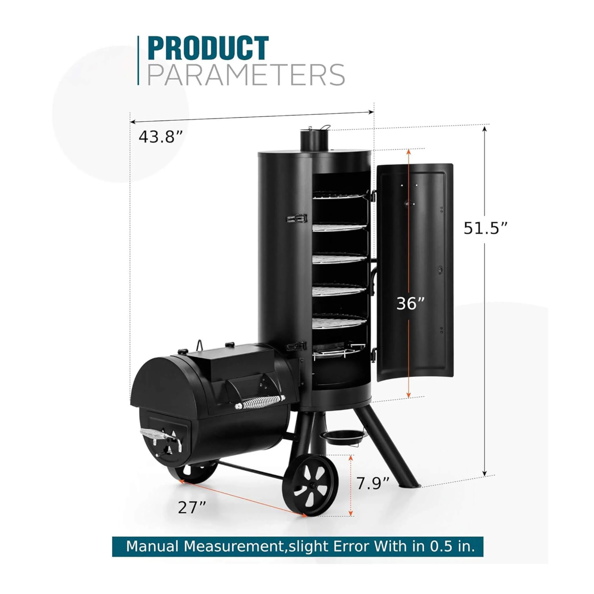 Heavy-Duty Vertical Extra-Large Charcoal Offset BBQ Smoker Grill Combo (SAK80247) - Image 9
