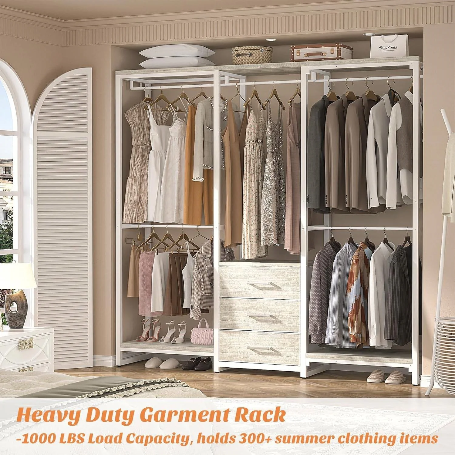 Heavy Duty White Metal Freestanding Garment Rack Closet Wardrobe with 3 Drawers - Image 2