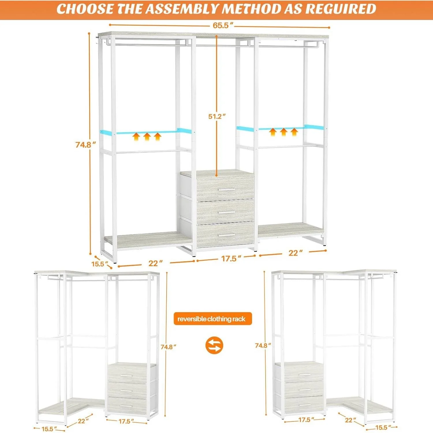 Heavy Duty White Metal Freestanding Garment Rack Closet Wardrobe with 3 Drawers - Image 3