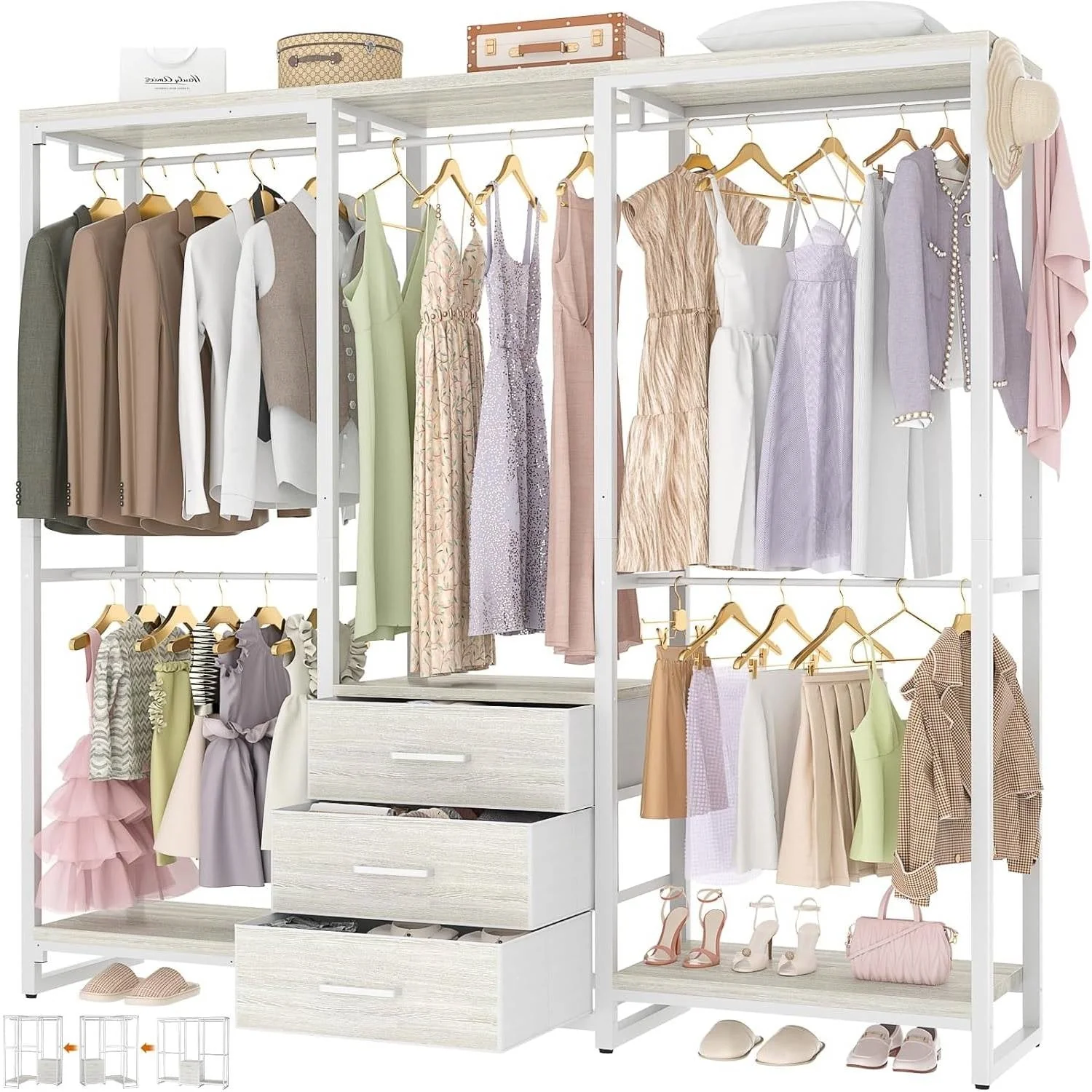 Heavy Duty White Metal Freestanding Garment Rack Closet Wardrobe with 3 Drawers - Image 4