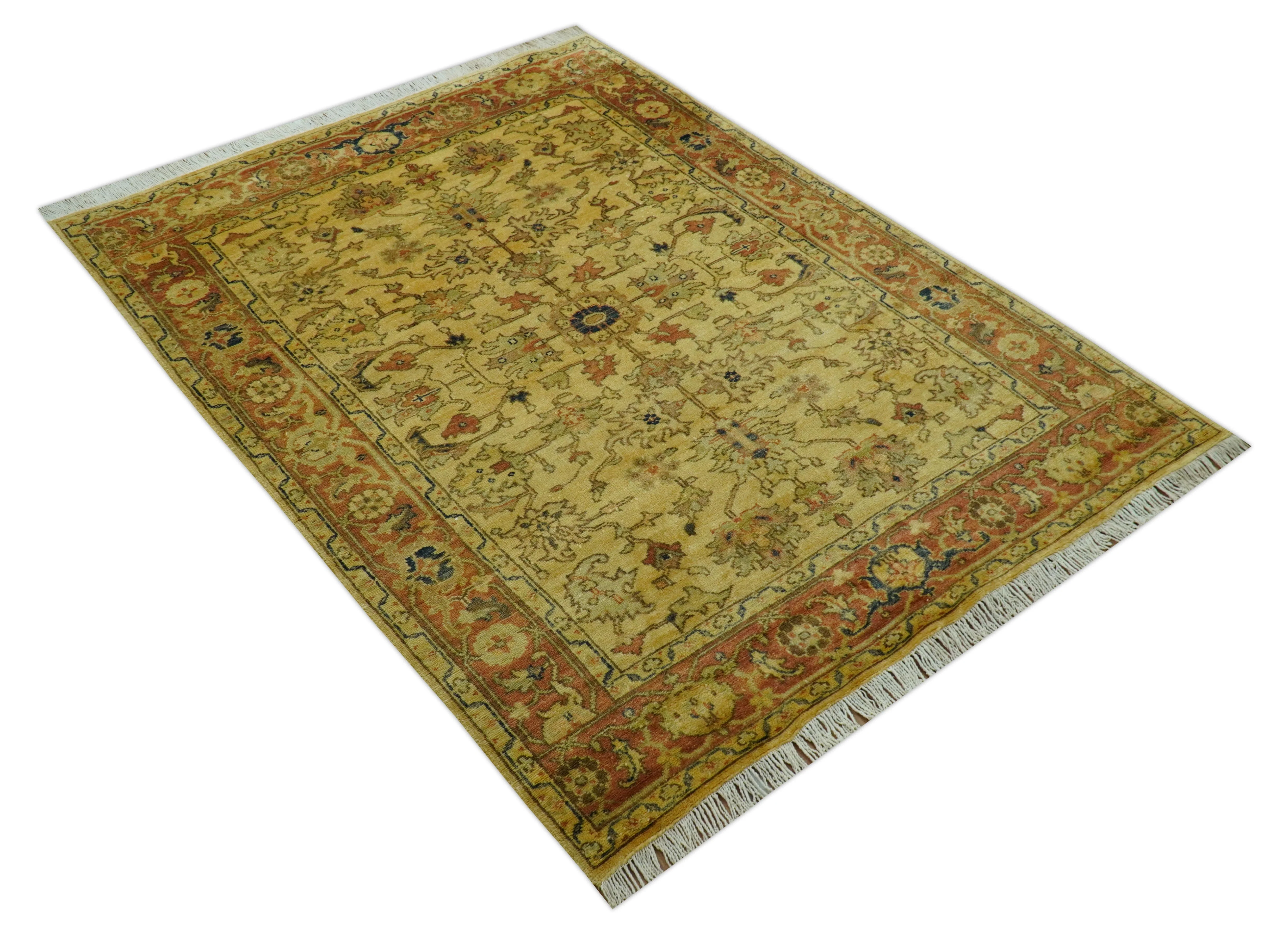 Heriz Traditional Design Gold And Rust 5x6.7 Hand Knotted Wool Area Rug - Image 9