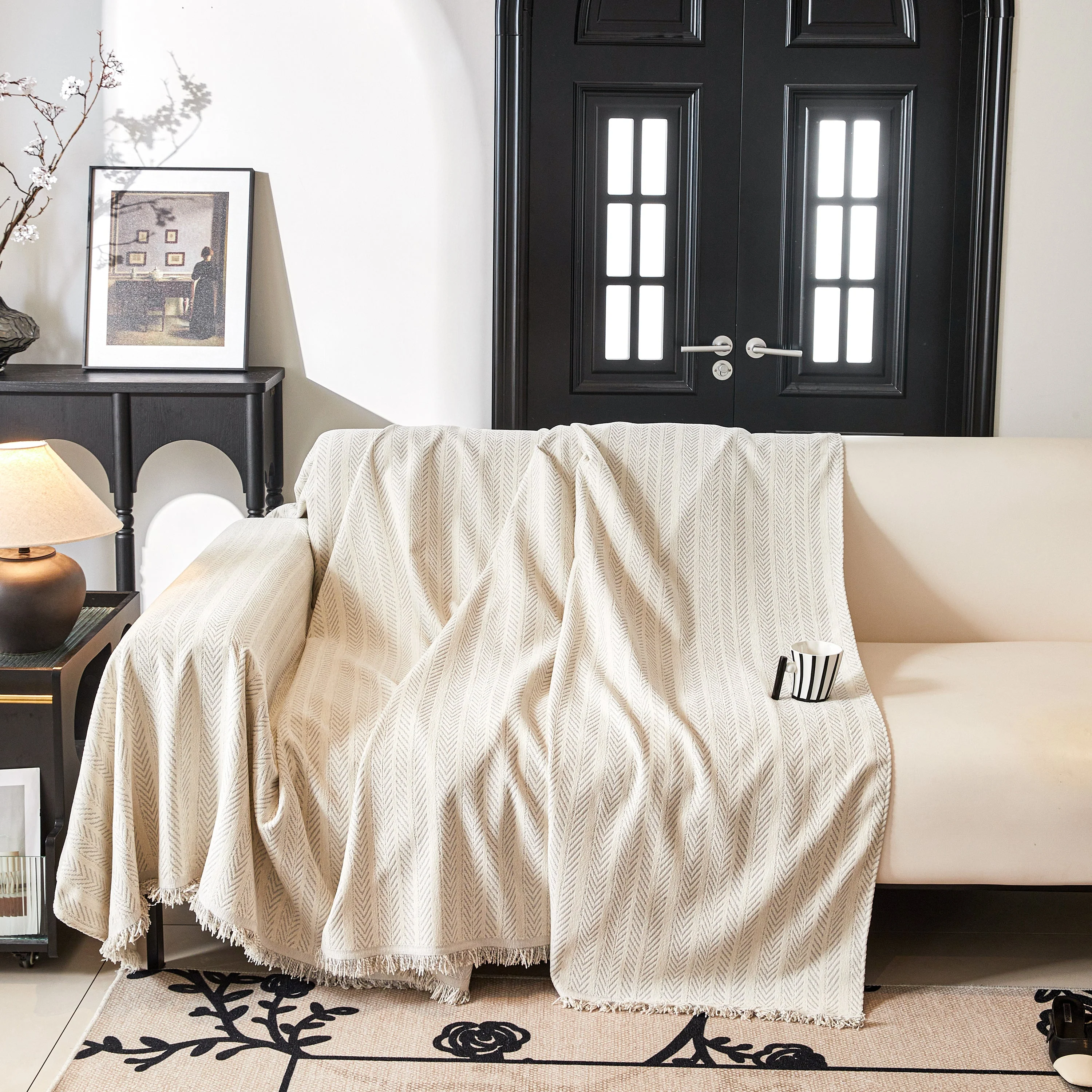 Herringbone Chenille Couch Cover Blanket Soft Durable Throw Sofa Protector with Tassel - Image 100