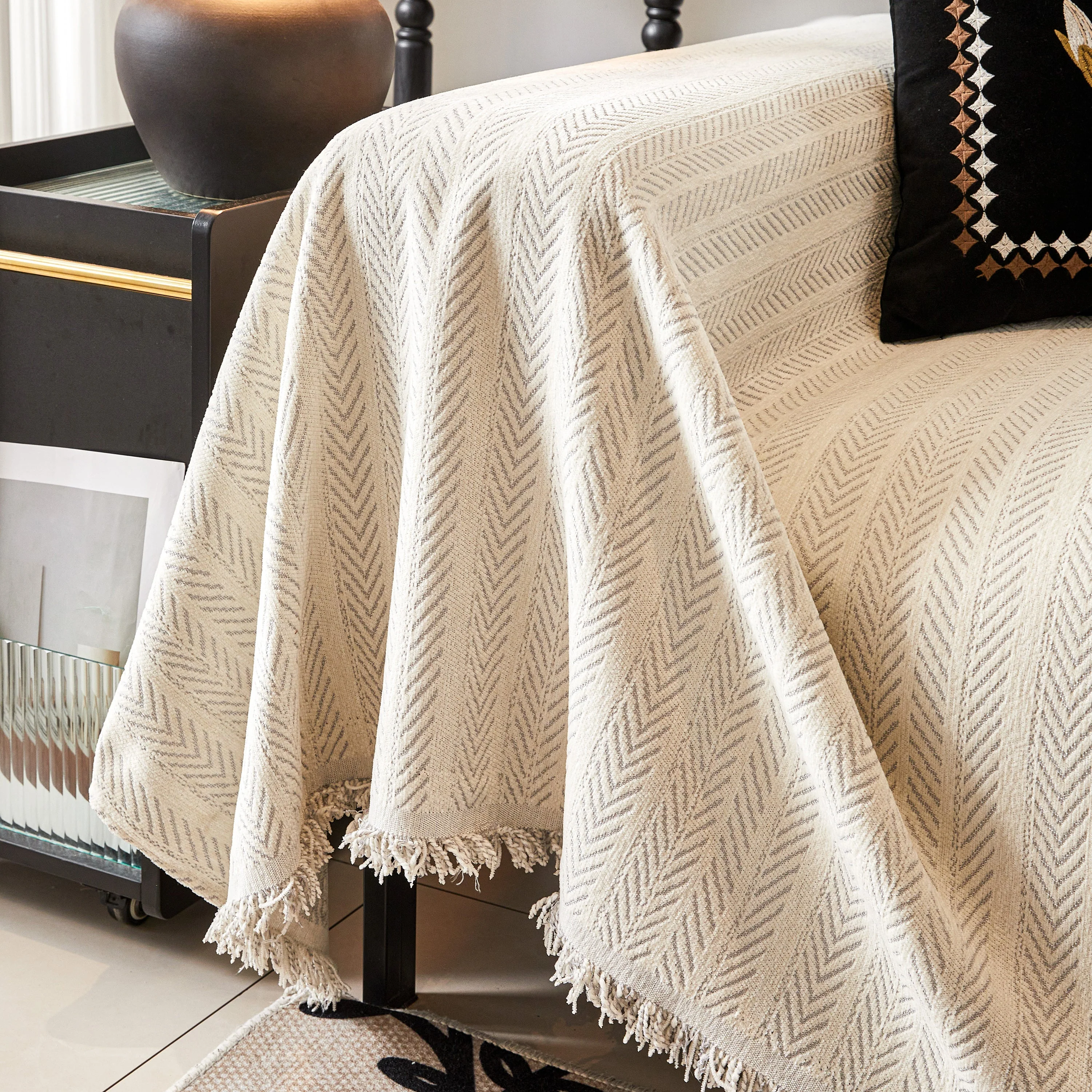 Herringbone Chenille Couch Cover Blanket Soft Durable Throw Sofa Protector with Tassel - Image 101