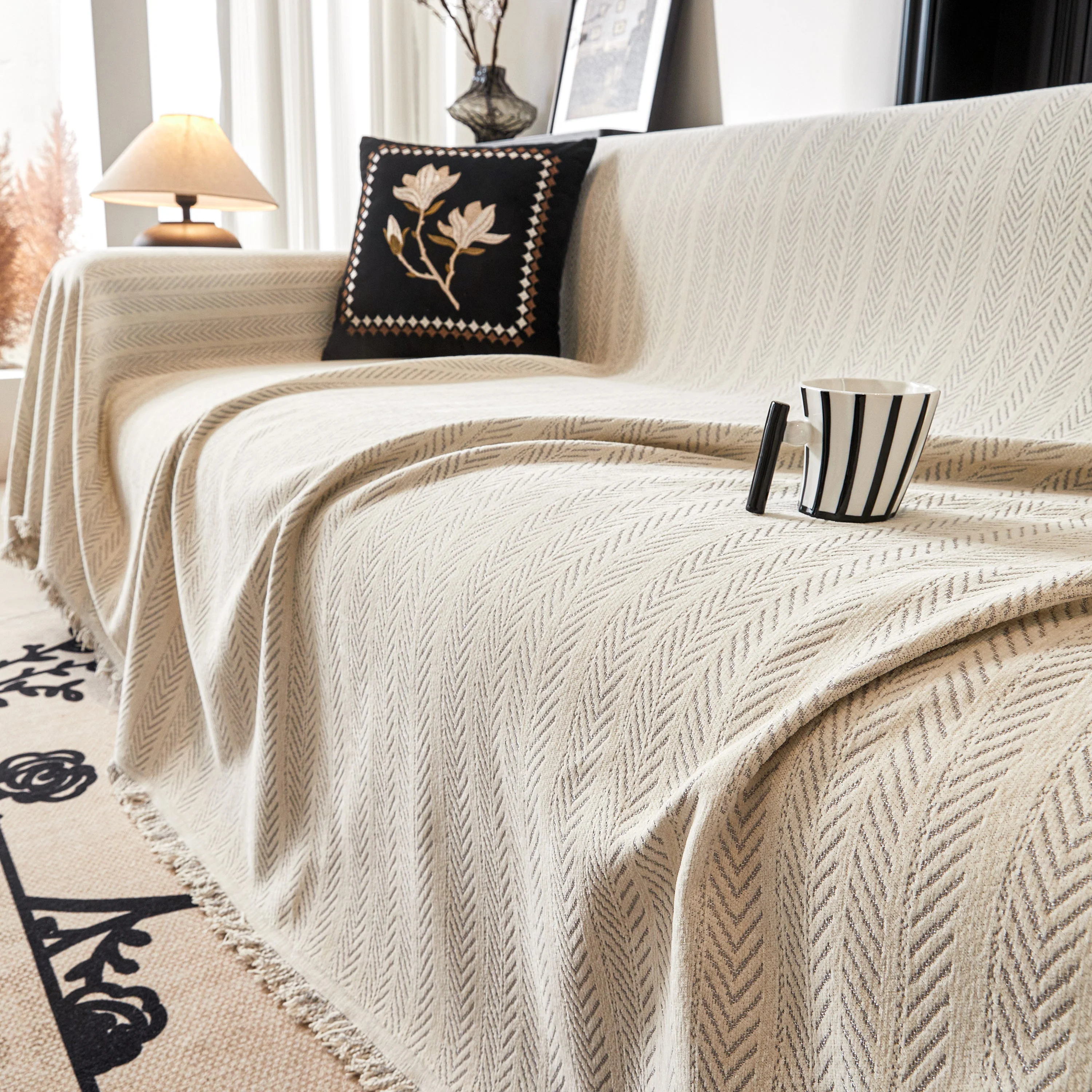 Herringbone Chenille Couch Cover Blanket Soft Durable Throw Sofa Protector with Tassel - Image 102