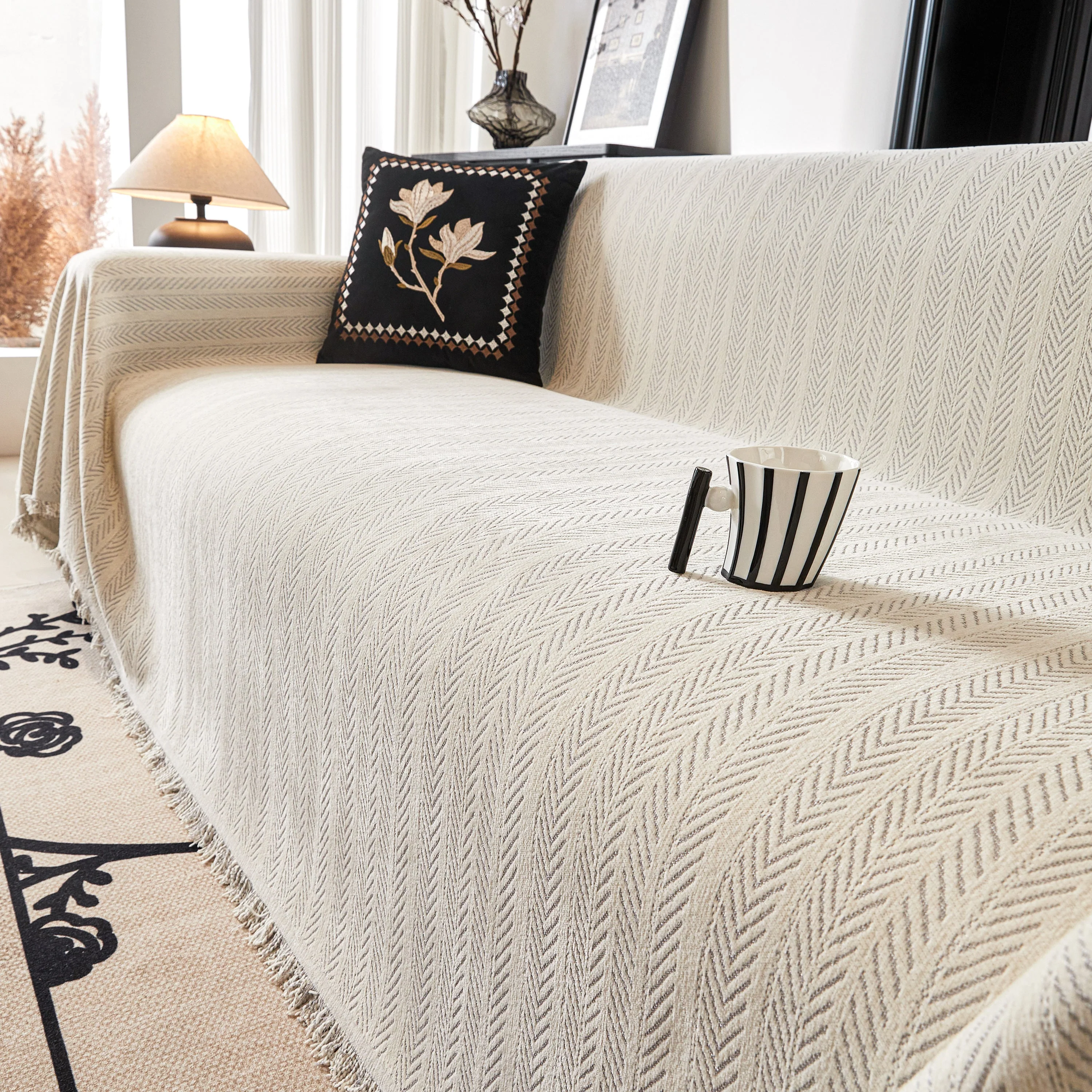 Herringbone Chenille Couch Cover Blanket Soft Durable Throw Sofa Protector with Tassel - Image 103