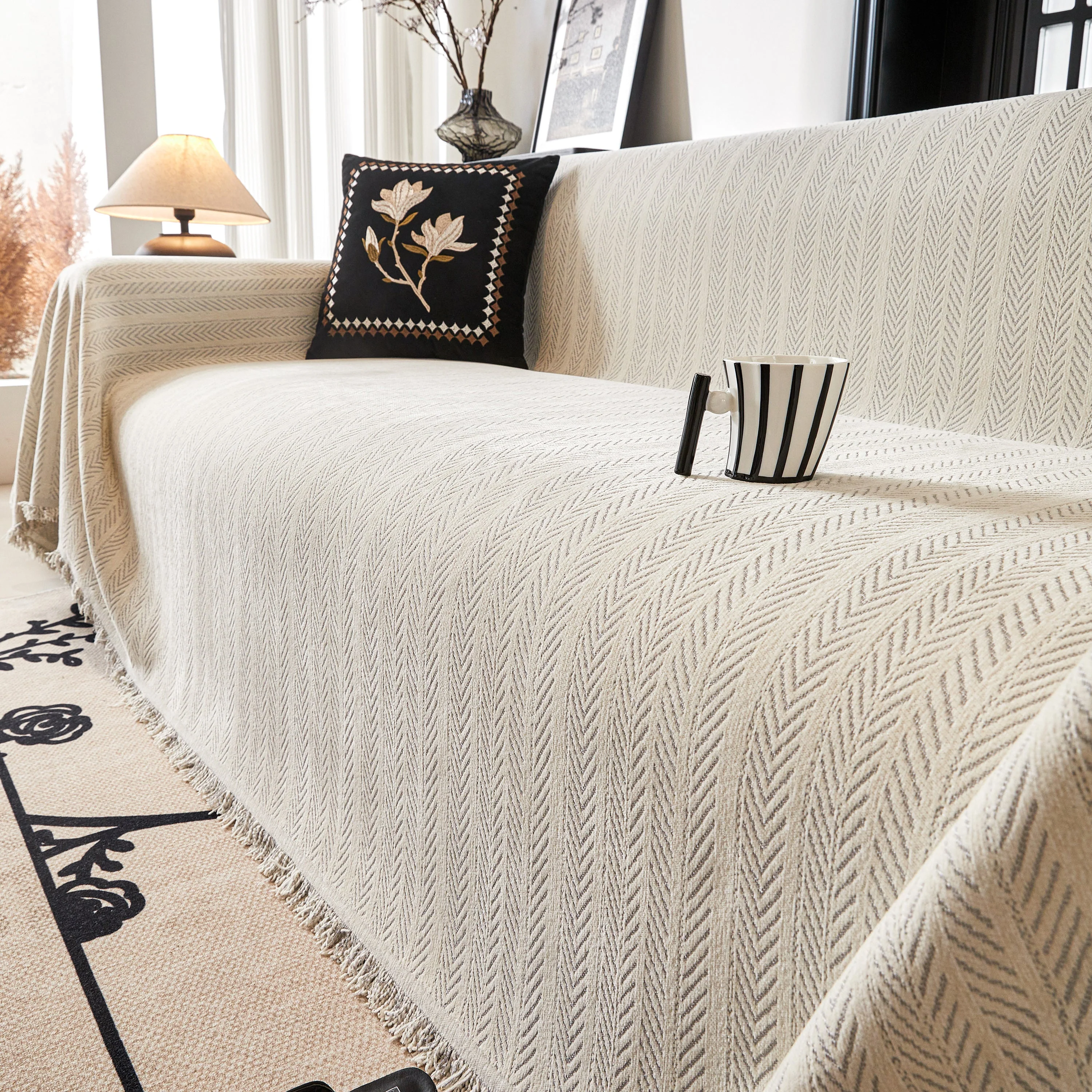 Herringbone Chenille Couch Cover Blanket Soft Durable Throw Sofa Protector with Tassel - Image 104