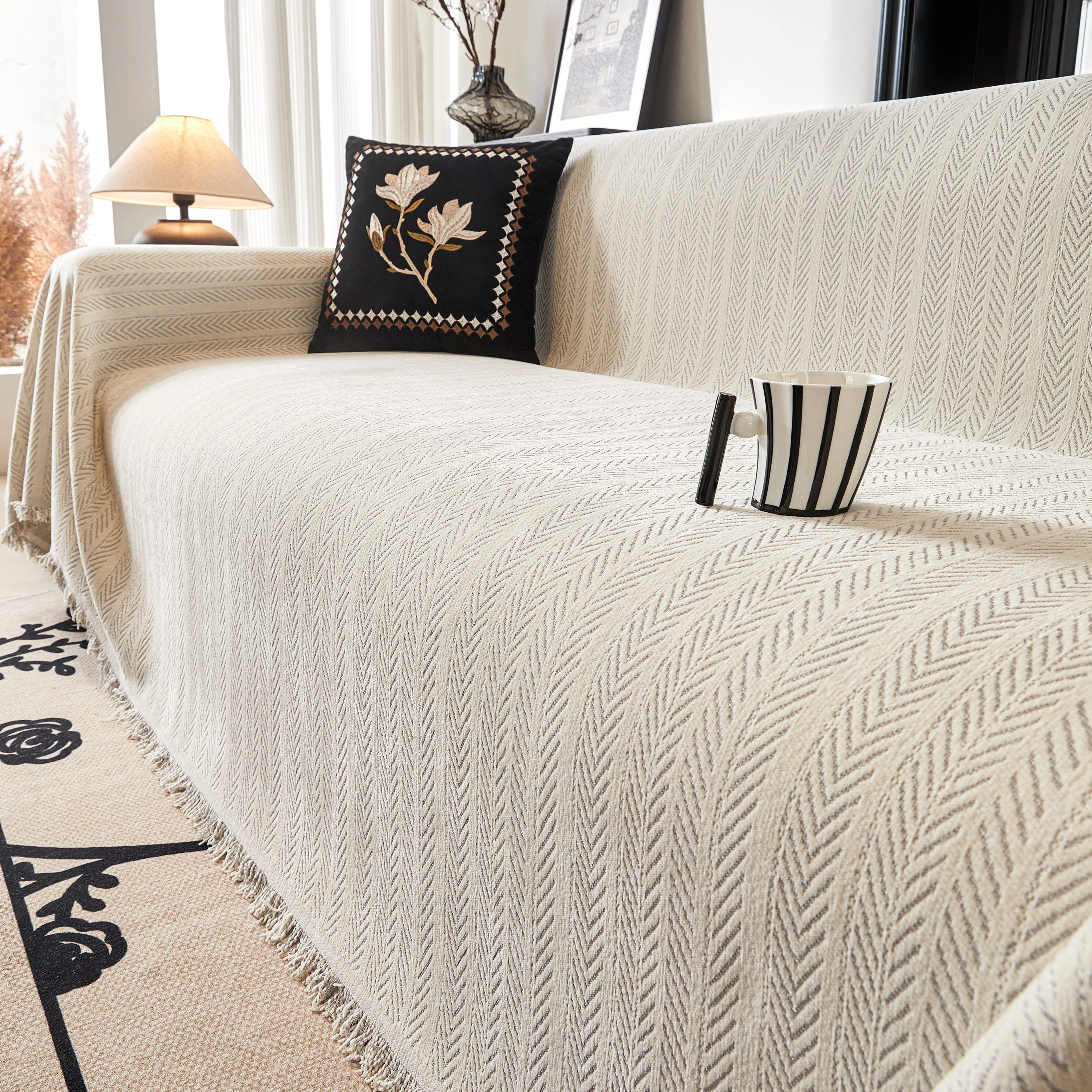 Herringbone Chenille Couch Cover Blanket Soft Durable Throw Sofa Protector with Tassel - Image 105