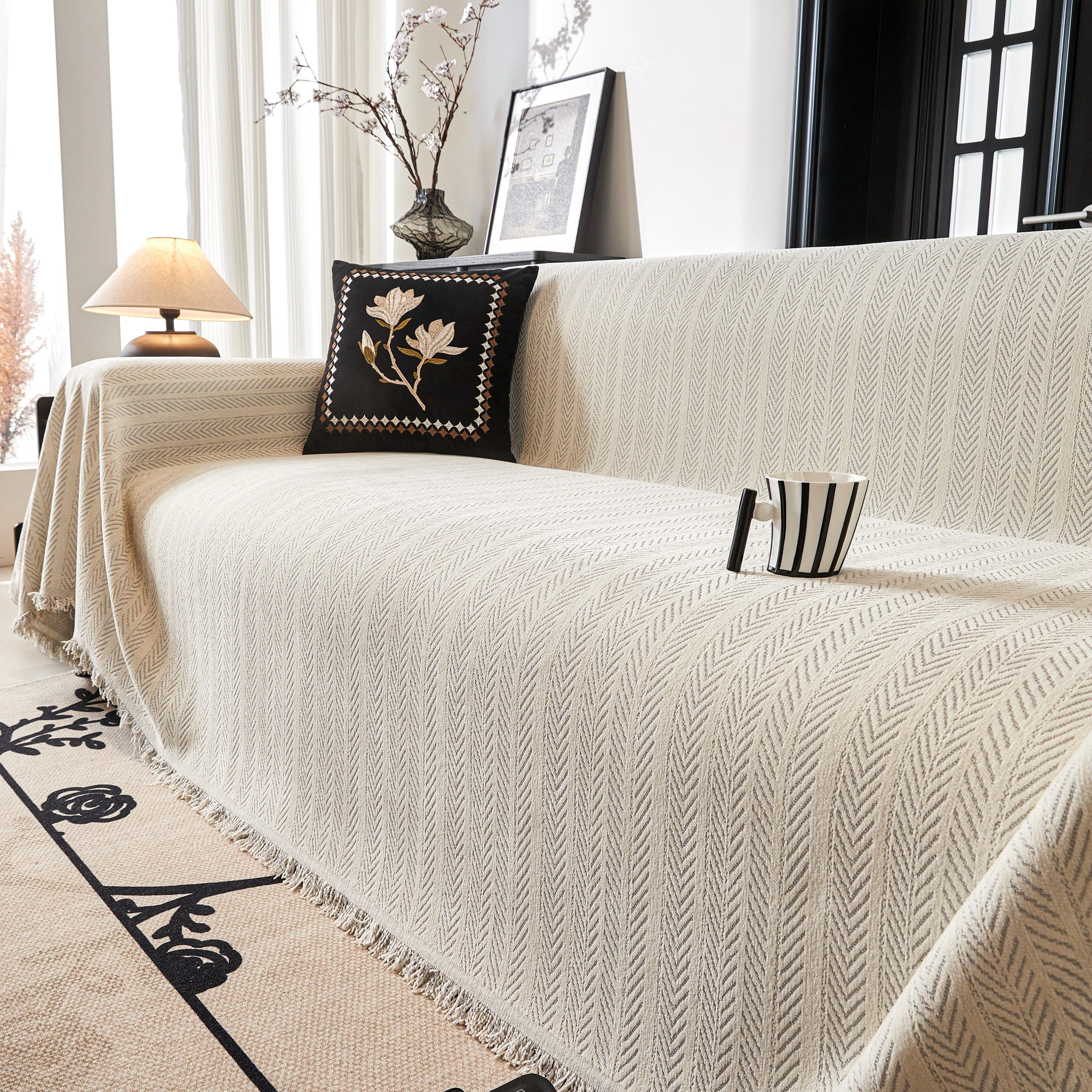 Herringbone Chenille Couch Cover Blanket Soft Durable Throw Sofa Protector with Tassel - Image 106
