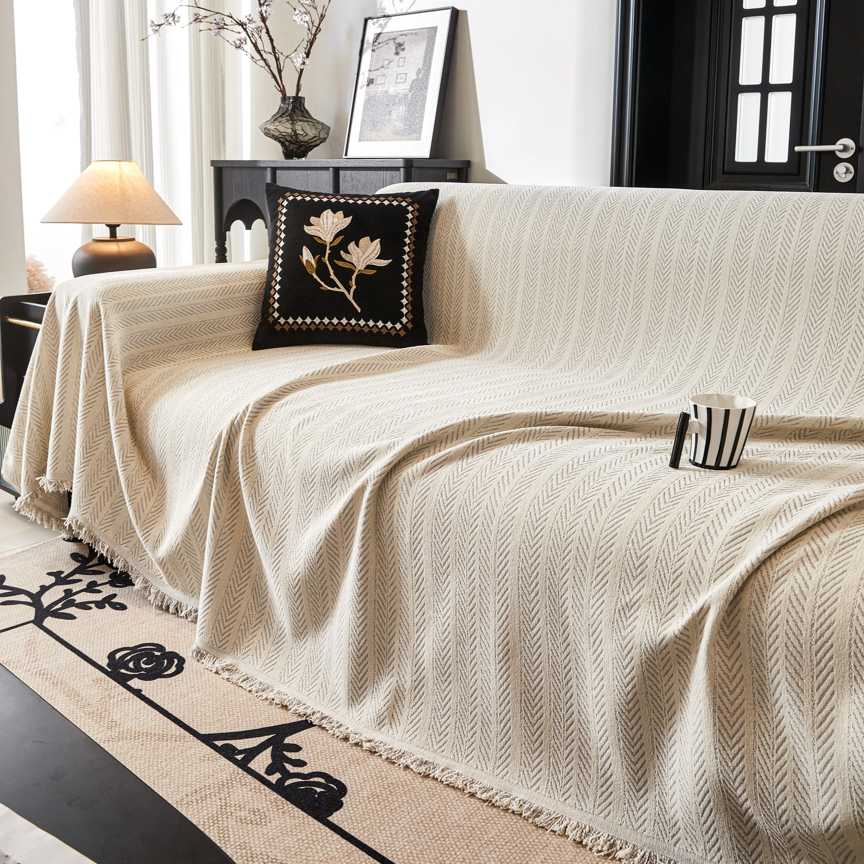 Herringbone Chenille Couch Cover Blanket Soft Durable Throw Sofa Protector with Tassel - Image 107