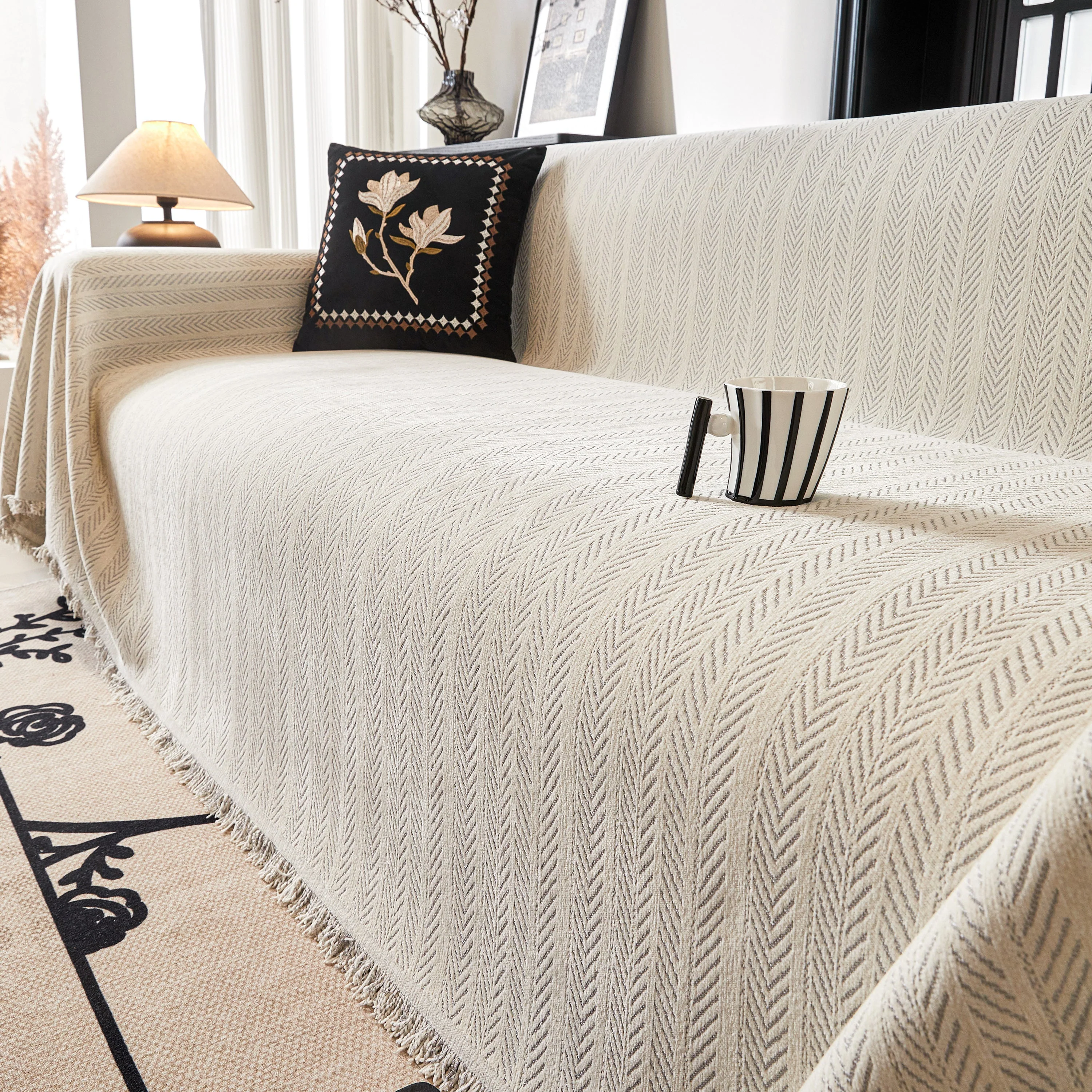 Herringbone Chenille Couch Cover Blanket Soft Durable Throw Sofa Protector with Tassel - Image 108