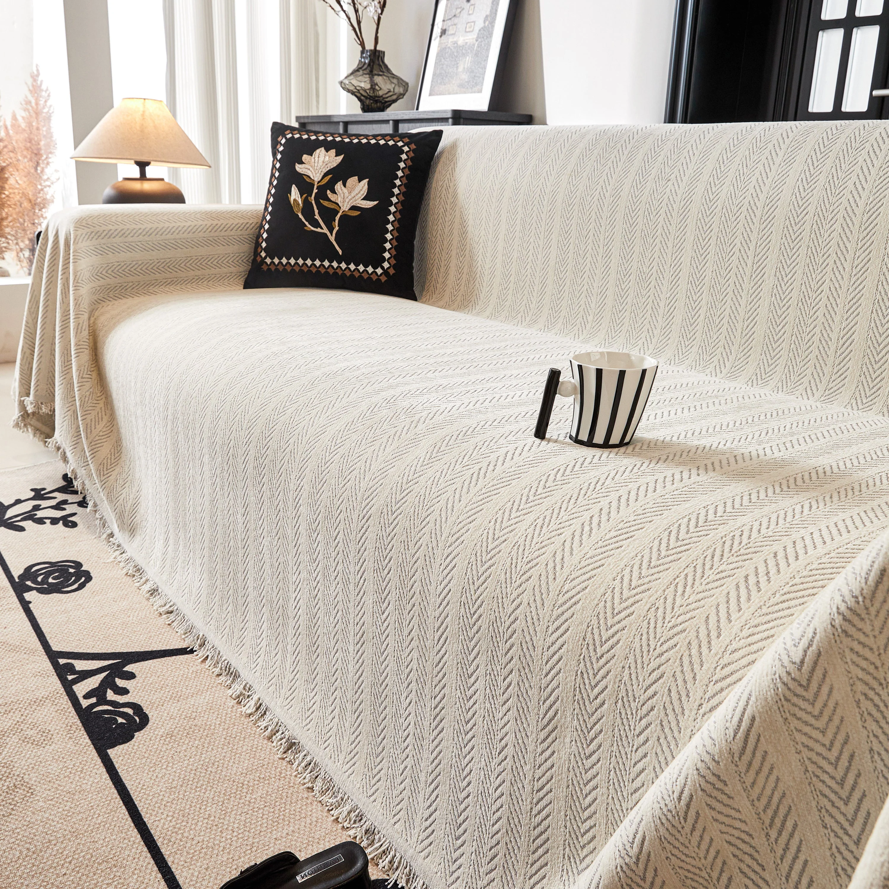 Herringbone Chenille Couch Cover Blanket Soft Durable Throw Sofa Protector with Tassel - Image 109