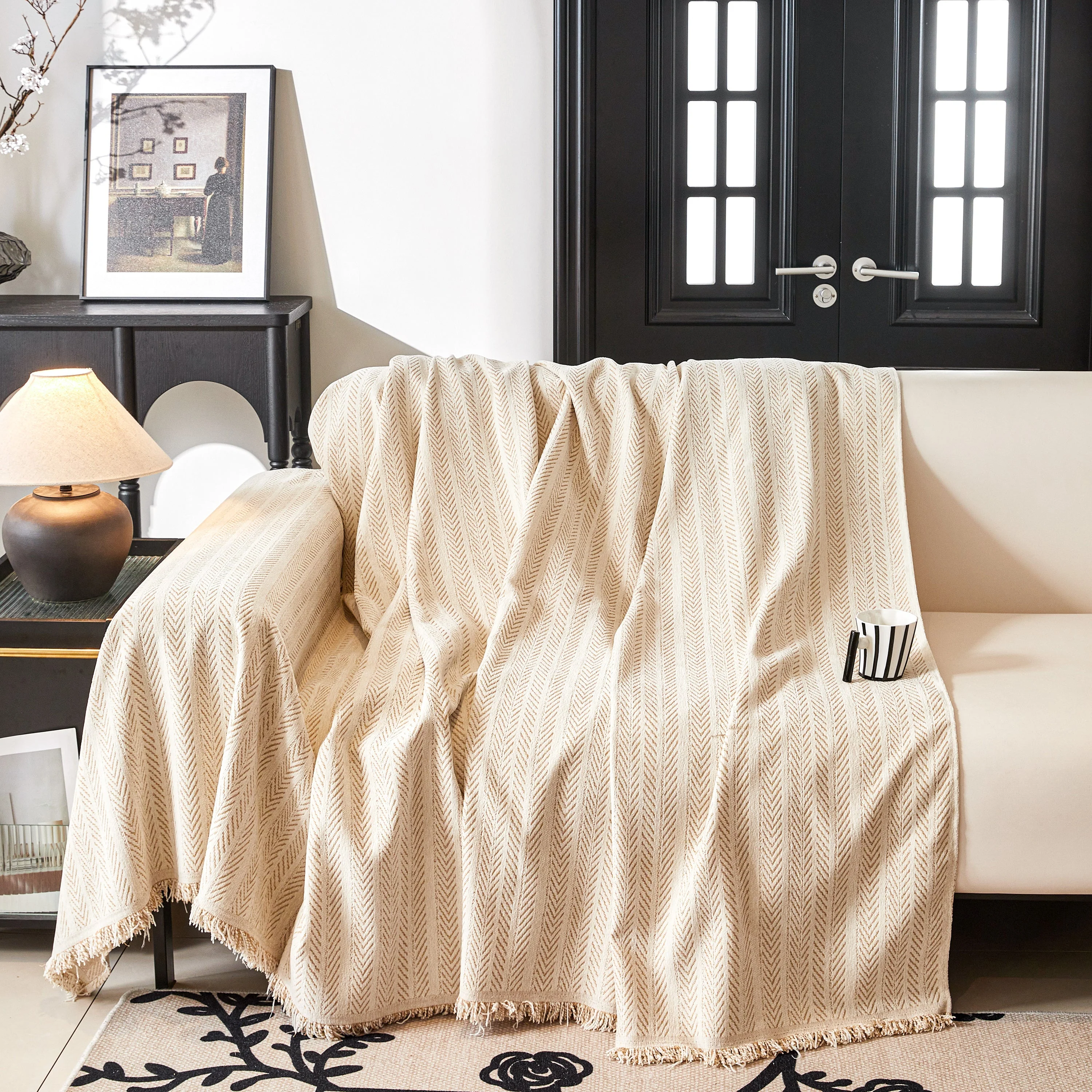 Herringbone Chenille Couch Cover Blanket Soft Durable Throw Sofa Protector with Tassel - Image 11