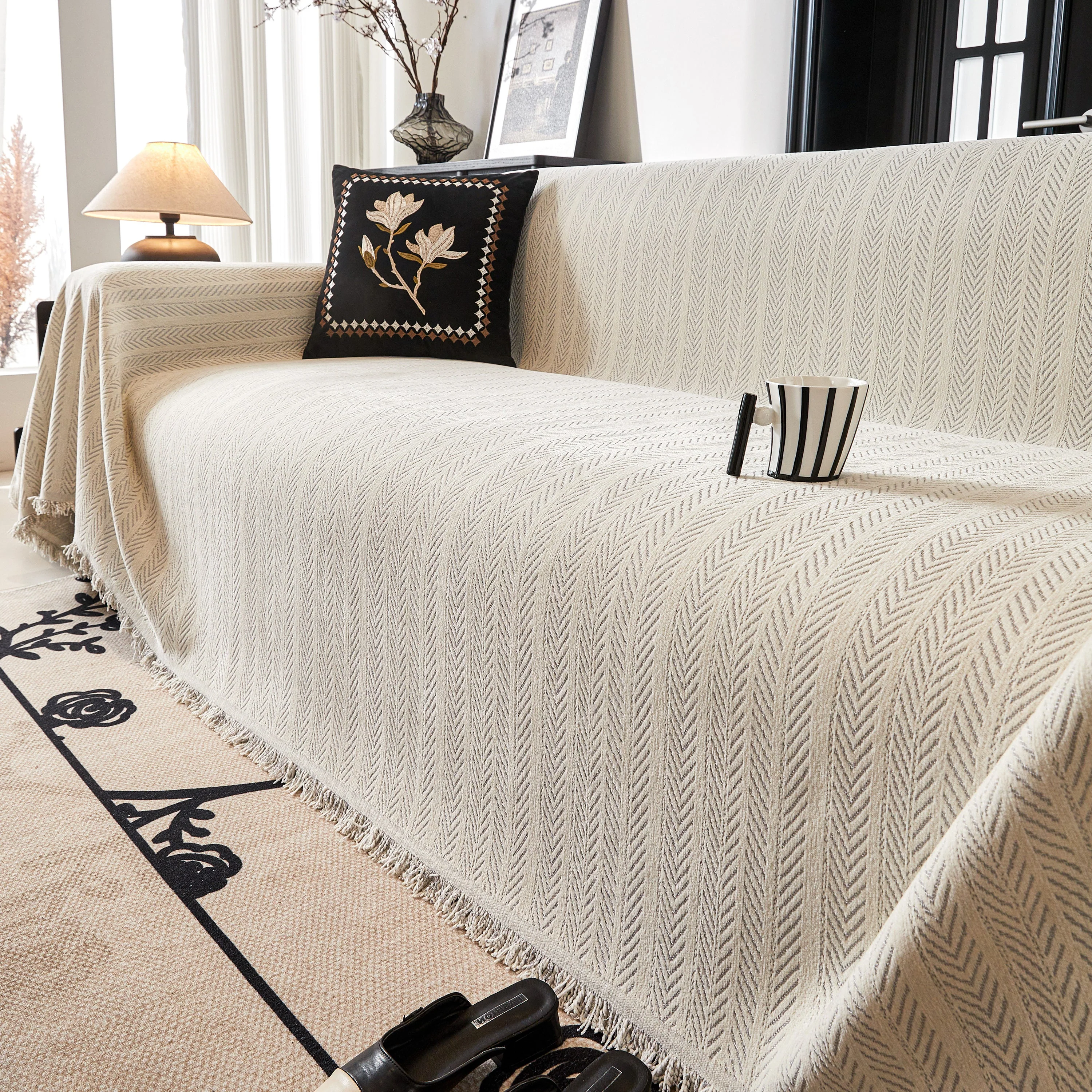 Herringbone Chenille Couch Cover Blanket Soft Durable Throw Sofa Protector with Tassel - Image 110