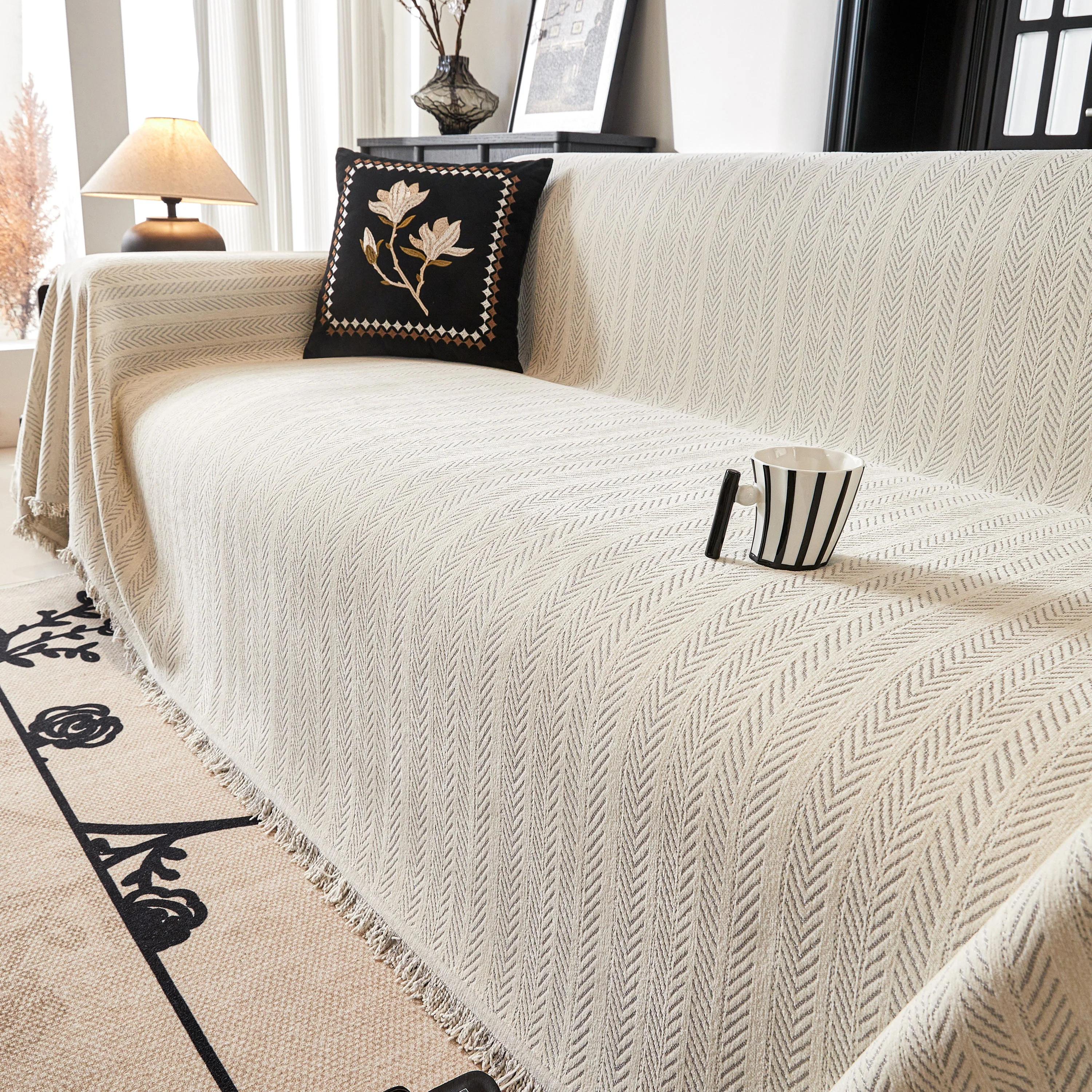 Herringbone Chenille Couch Cover Blanket Soft Durable Throw Sofa Protector with Tassel - Image 111