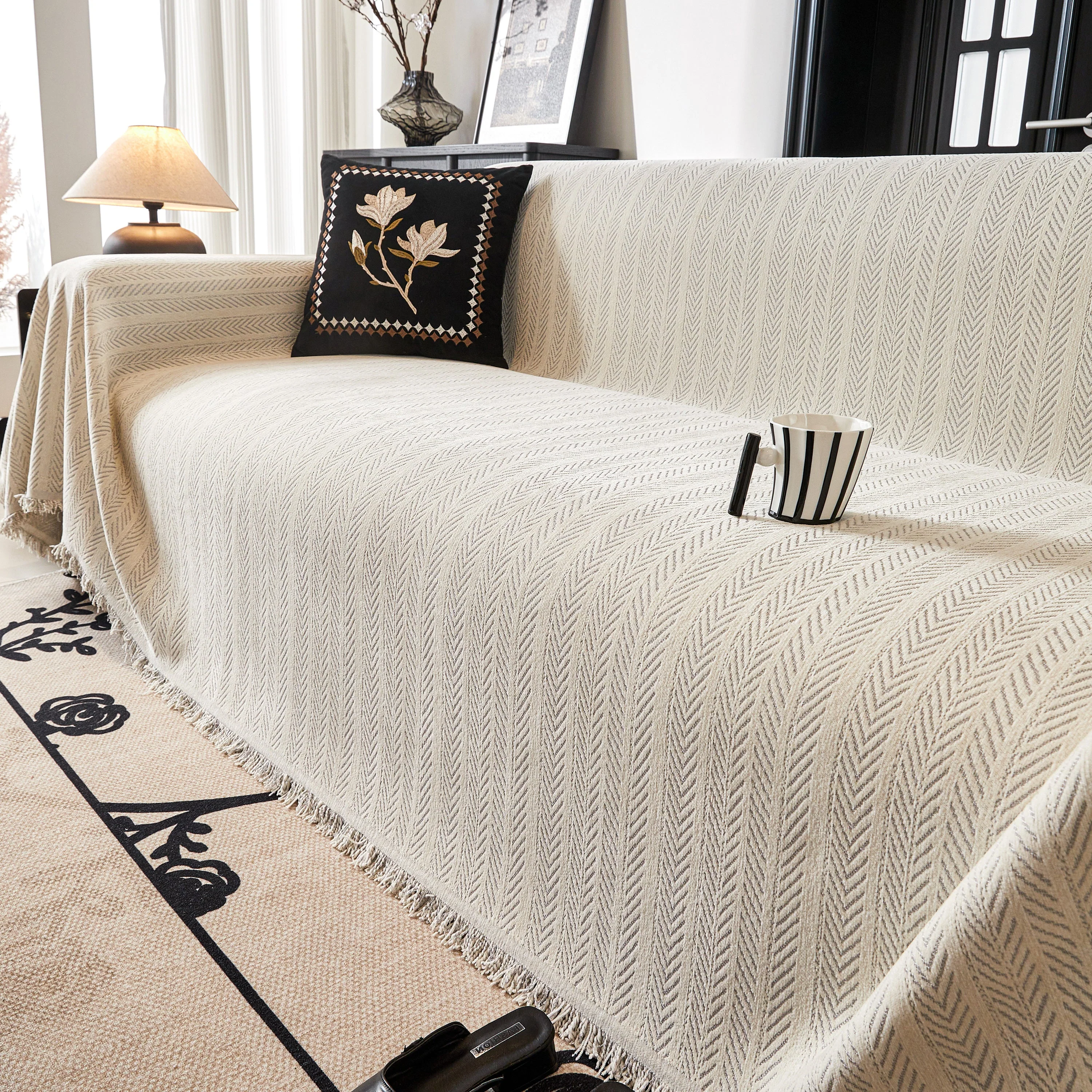 Herringbone Chenille Couch Cover Blanket Soft Durable Throw Sofa Protector with Tassel - Image 112