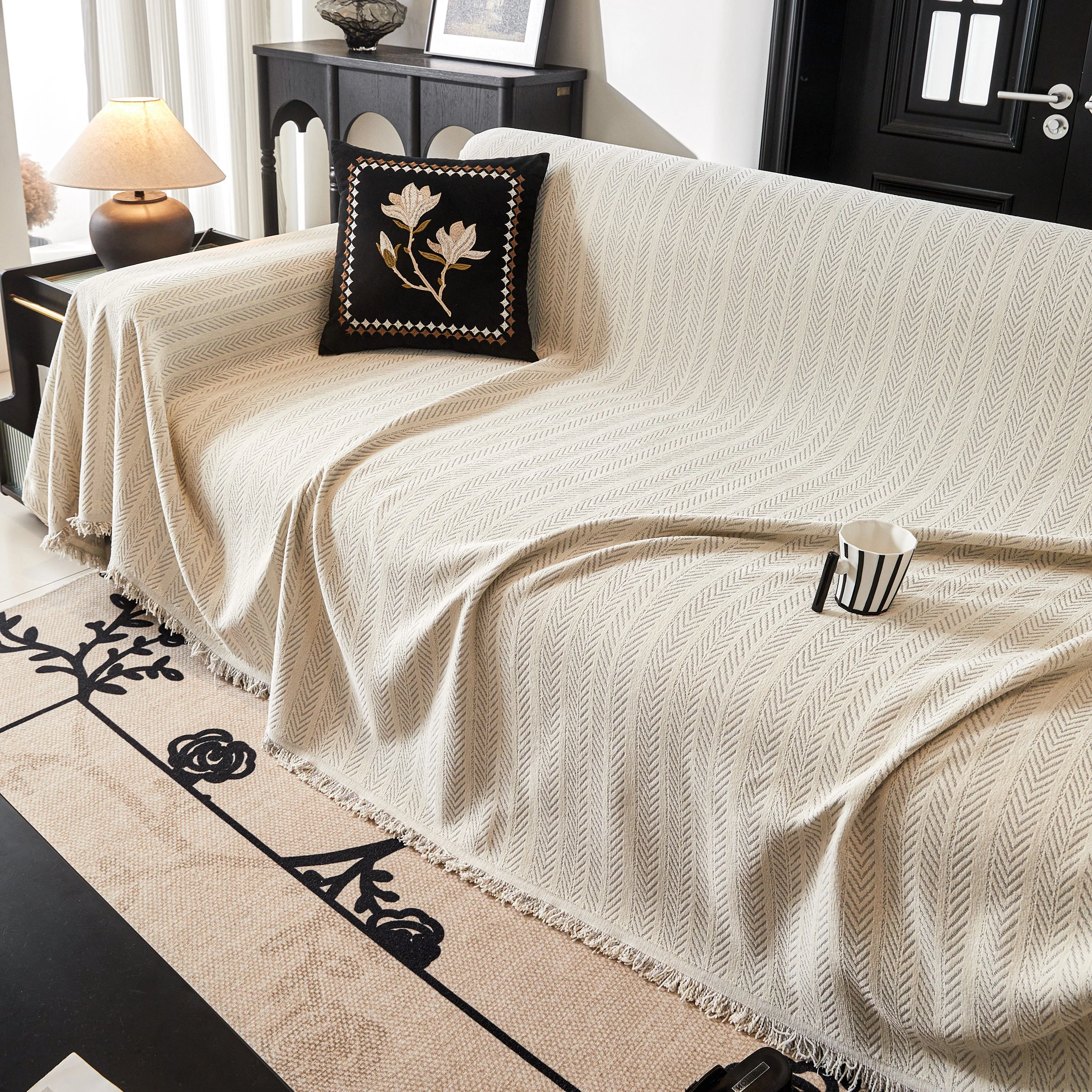 Herringbone Chenille Couch Cover Blanket Soft Durable Throw Sofa Protector with Tassel - Image 113