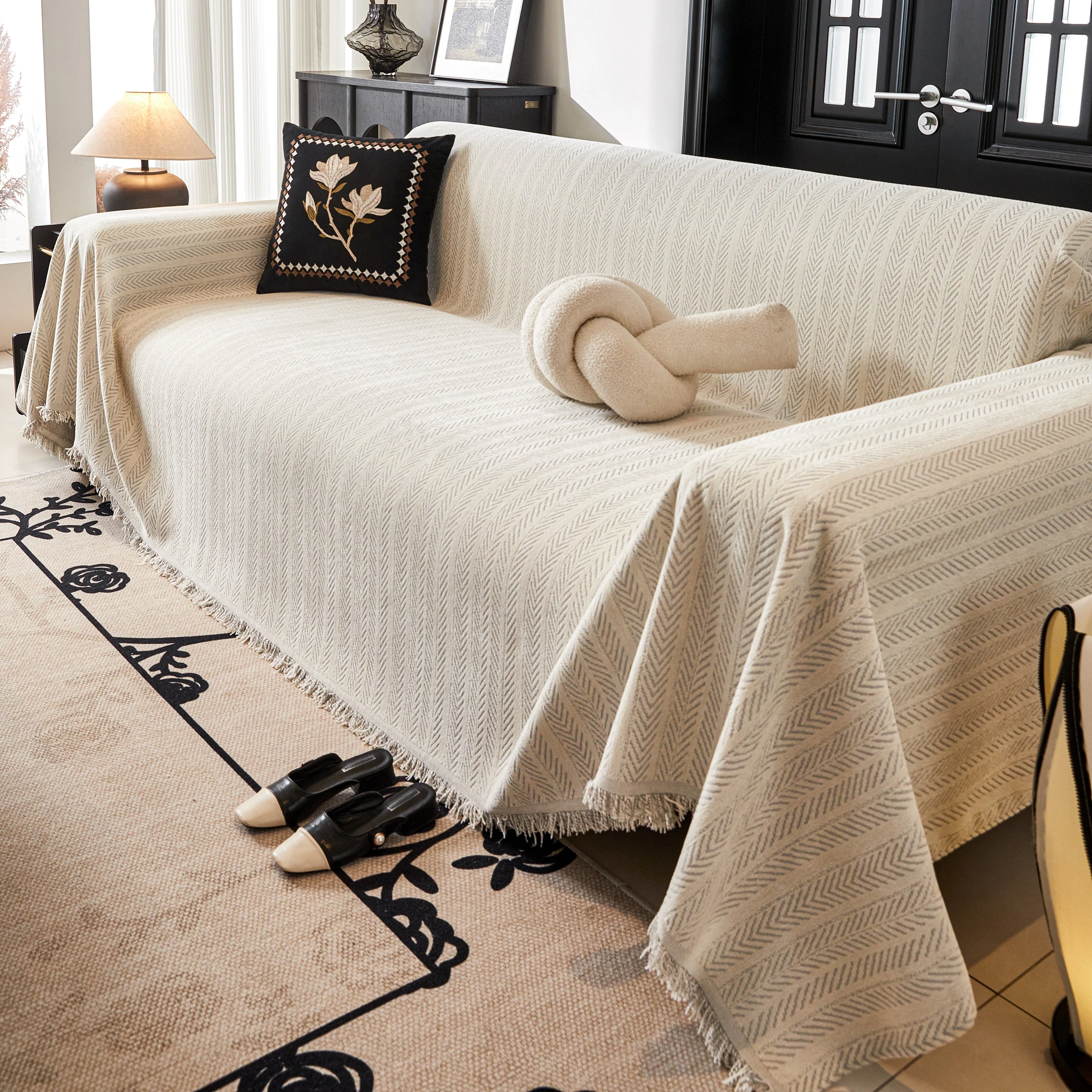 Herringbone Chenille Couch Cover Blanket Soft Durable Throw Sofa Protector with Tassel - Image 115