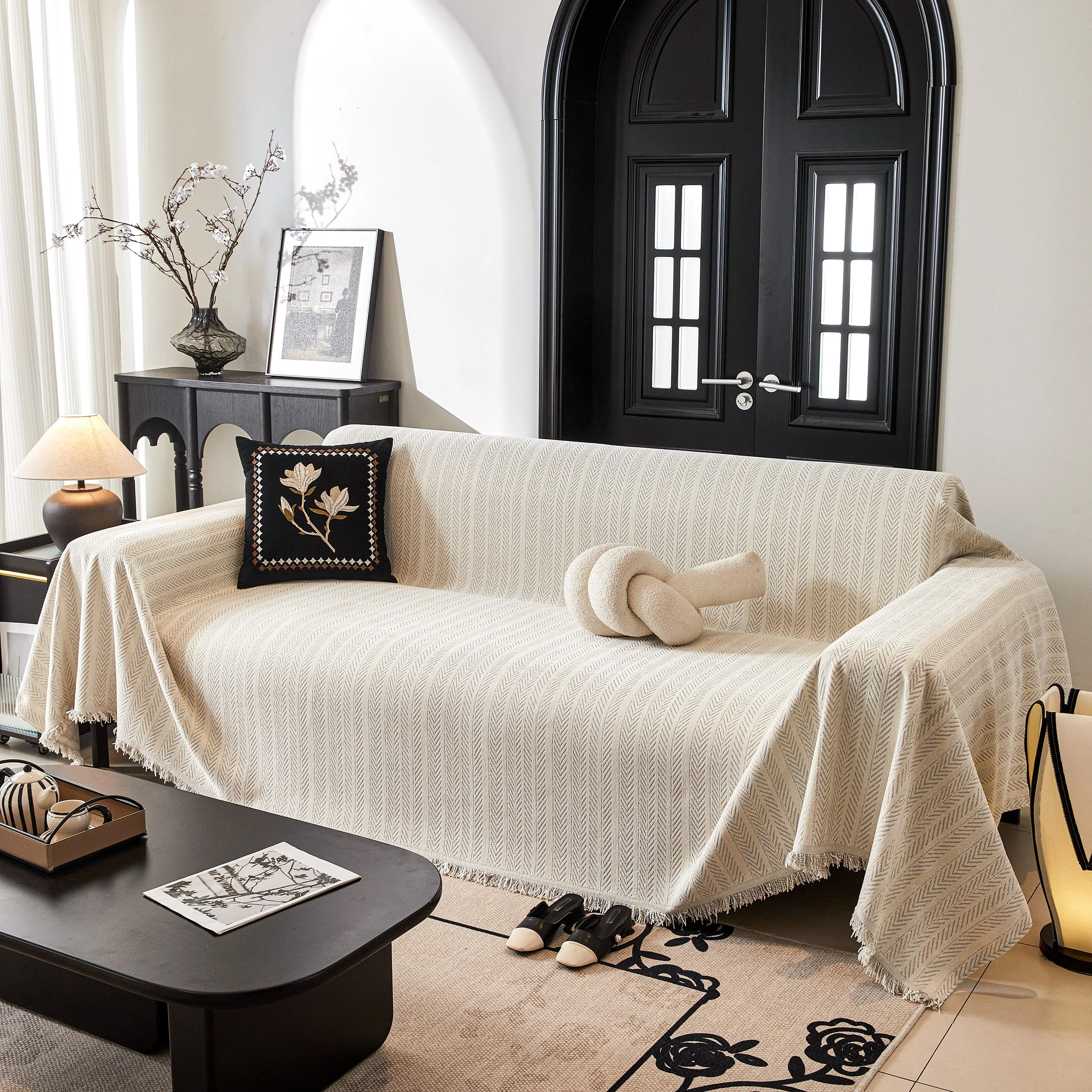 Herringbone Chenille Couch Cover Blanket Soft Durable Throw Sofa Protector with Tassel - Image 116