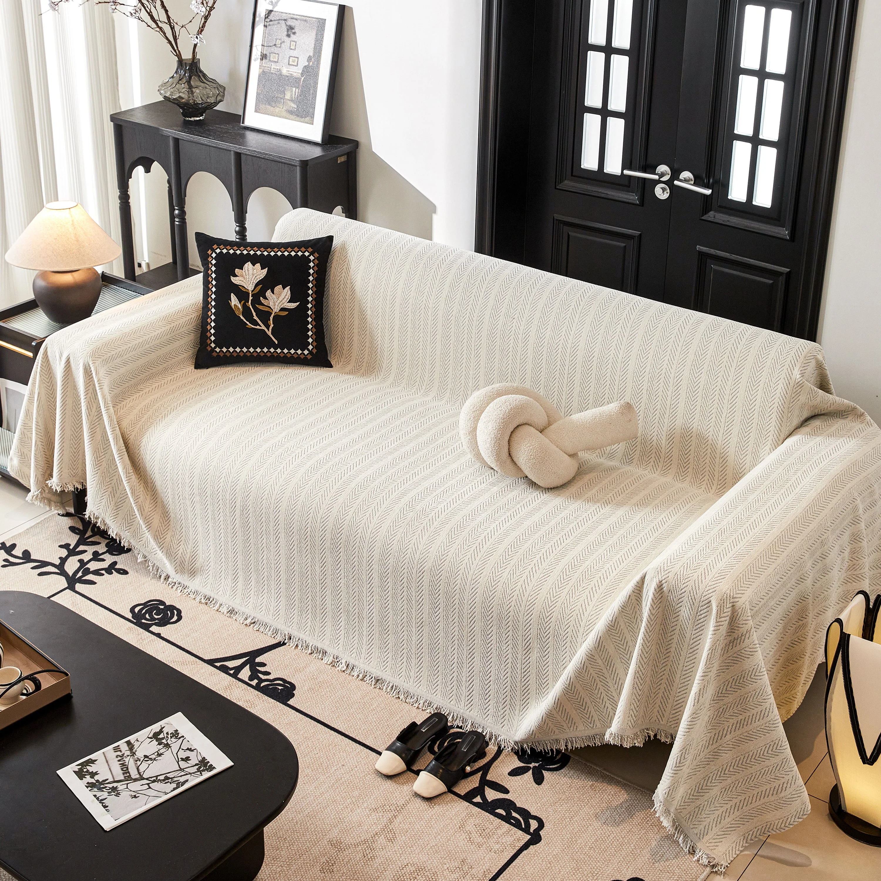Herringbone Chenille Couch Cover Blanket Soft Durable Throw Sofa Protector with Tassel - Image 117