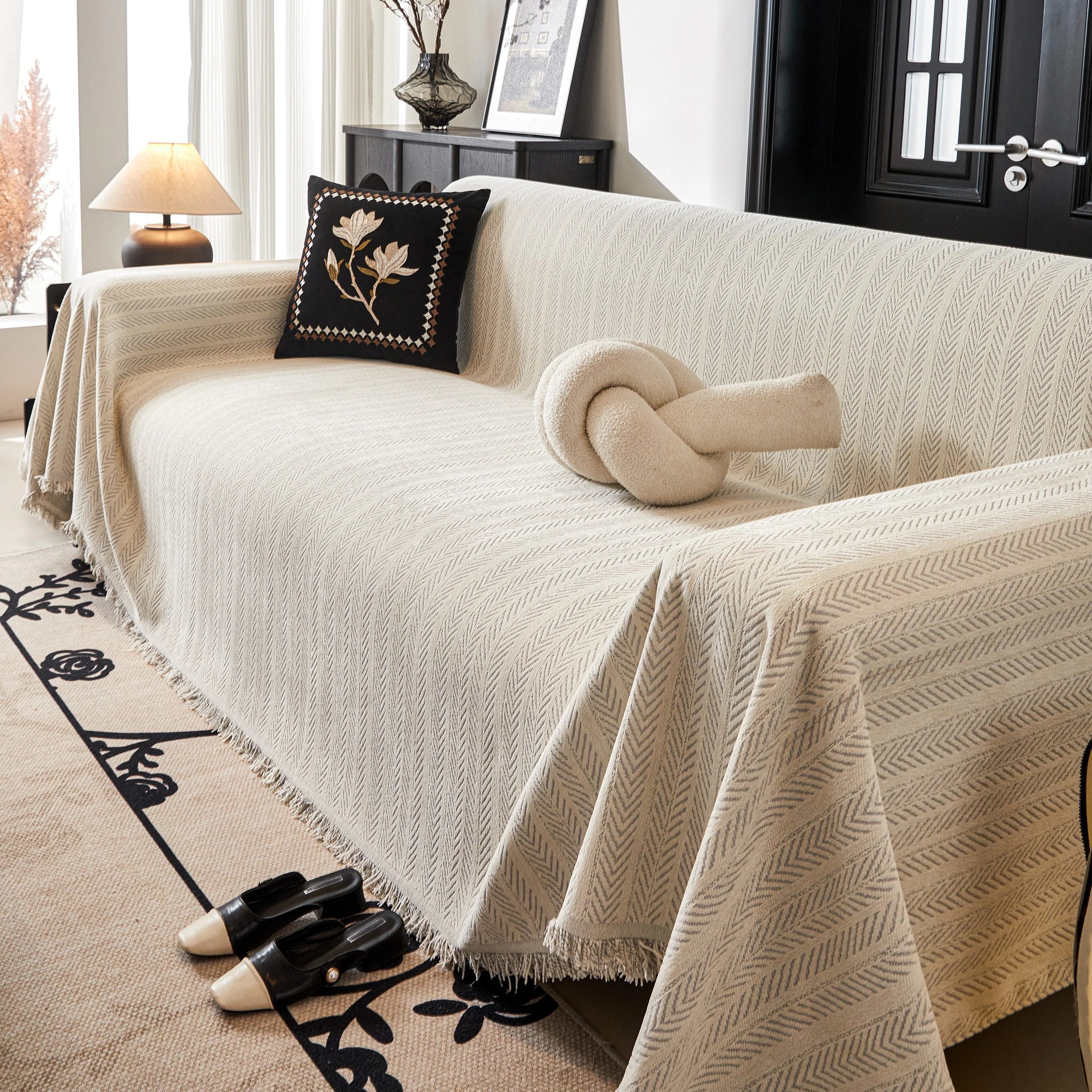 Herringbone Chenille Couch Cover Blanket Soft Durable Throw Sofa Protector with Tassel - Image 118