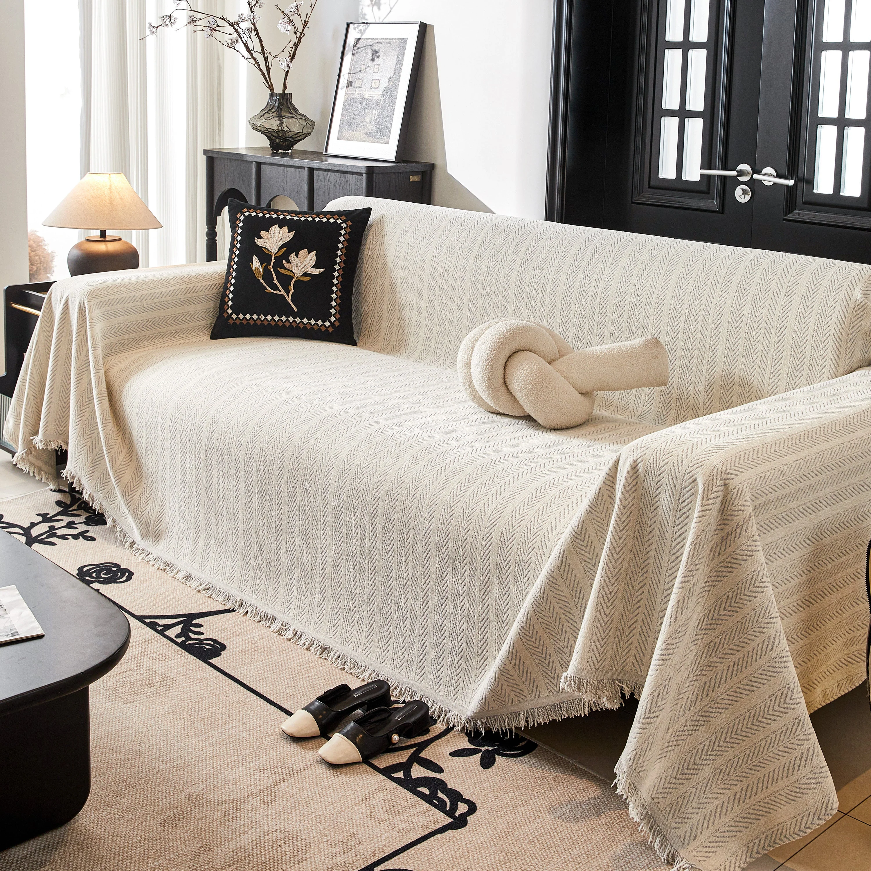 Herringbone Chenille Couch Cover Blanket Soft Durable Throw Sofa Protector with Tassel - Image 119