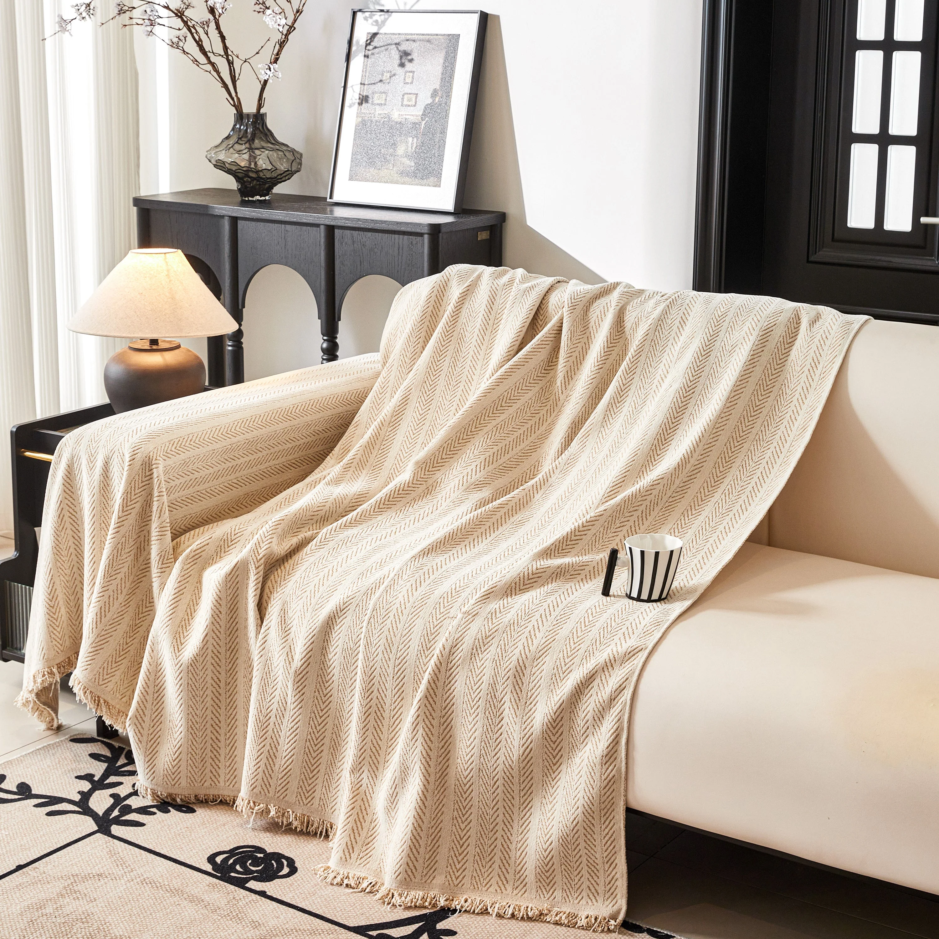 Herringbone Chenille Couch Cover Blanket Soft Durable Throw Sofa Protector with Tassel - Image 12