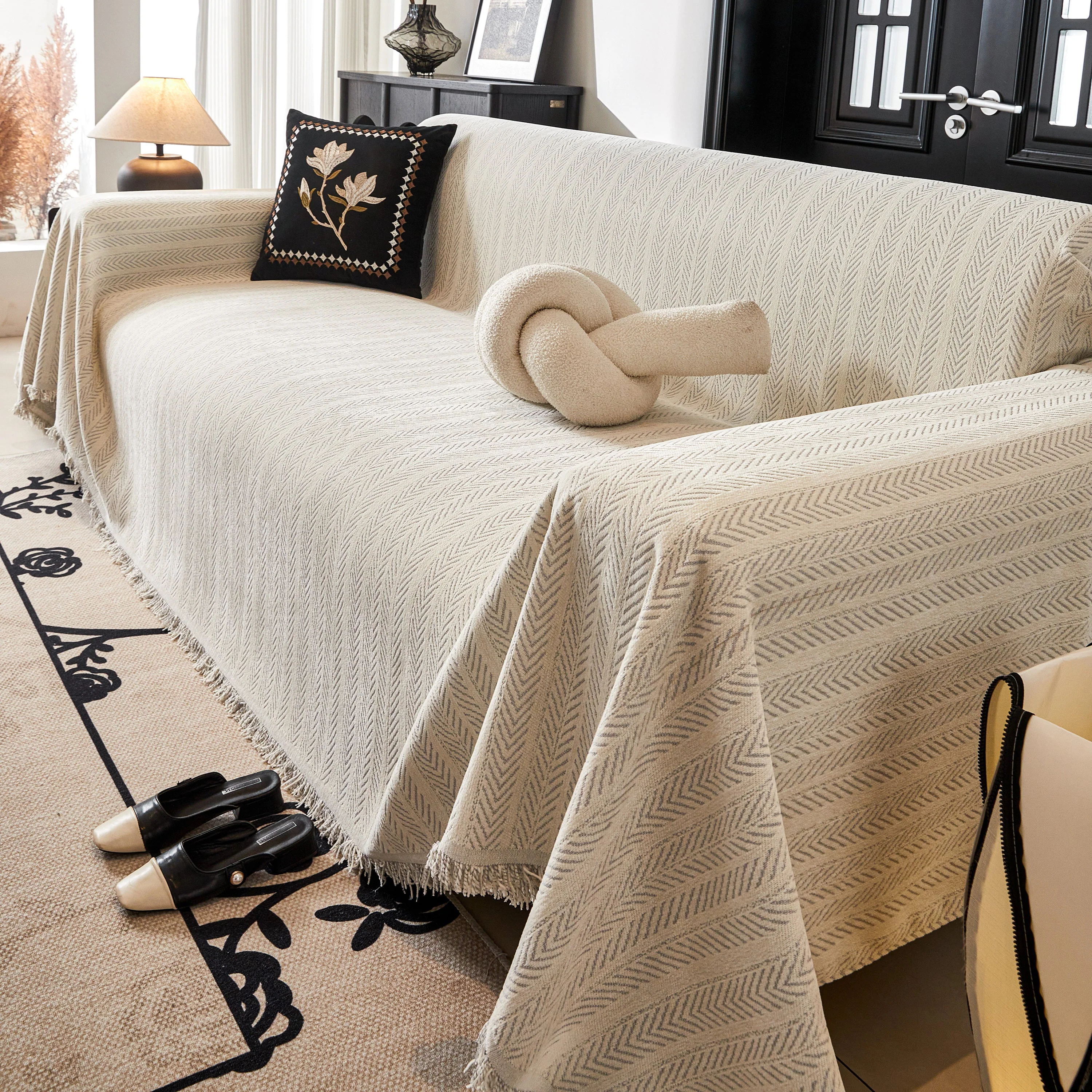 Herringbone Chenille Couch Cover Blanket Soft Durable Throw Sofa Protector with Tassel - Image 120