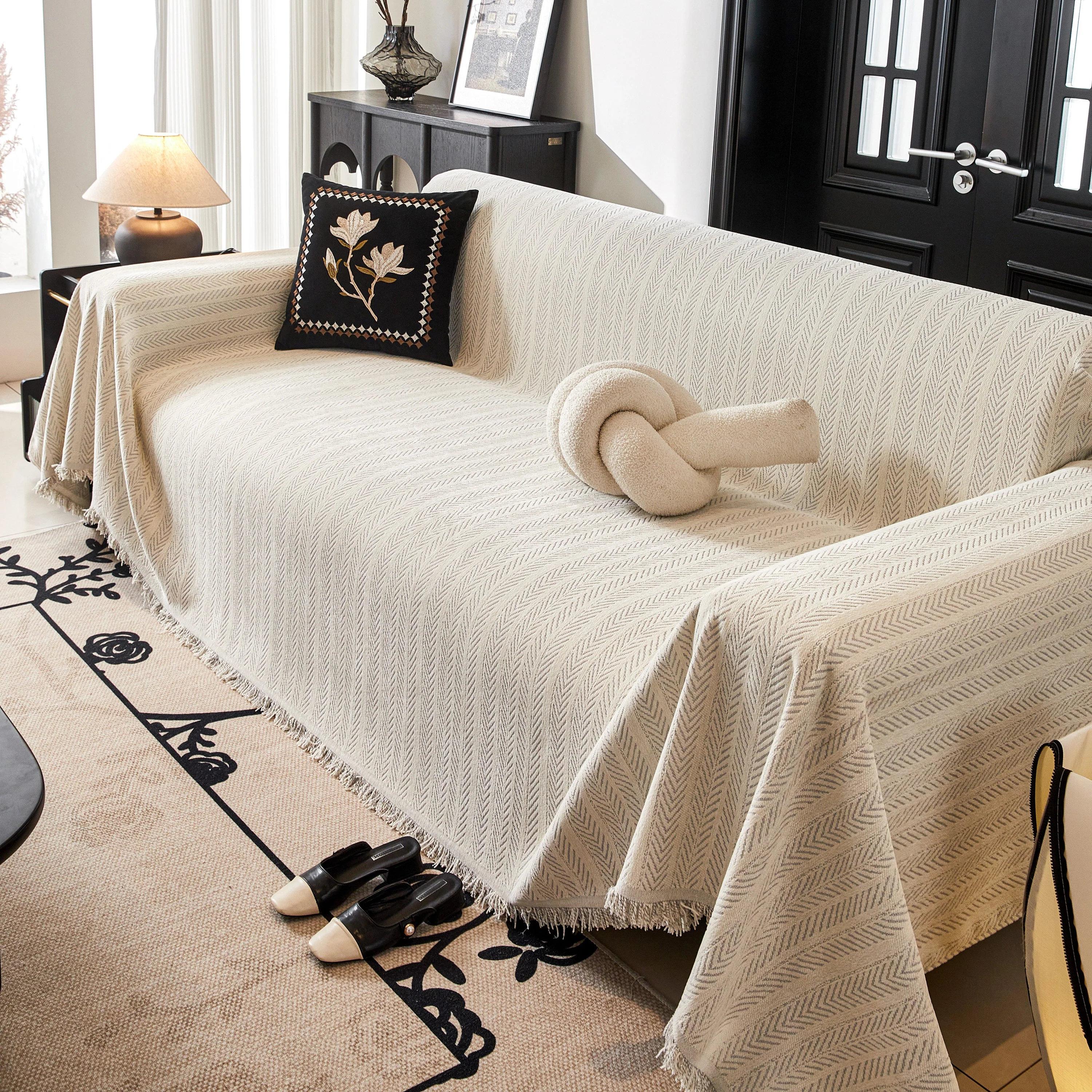 Herringbone Chenille Couch Cover Blanket Soft Durable Throw Sofa Protector with Tassel - Image 121