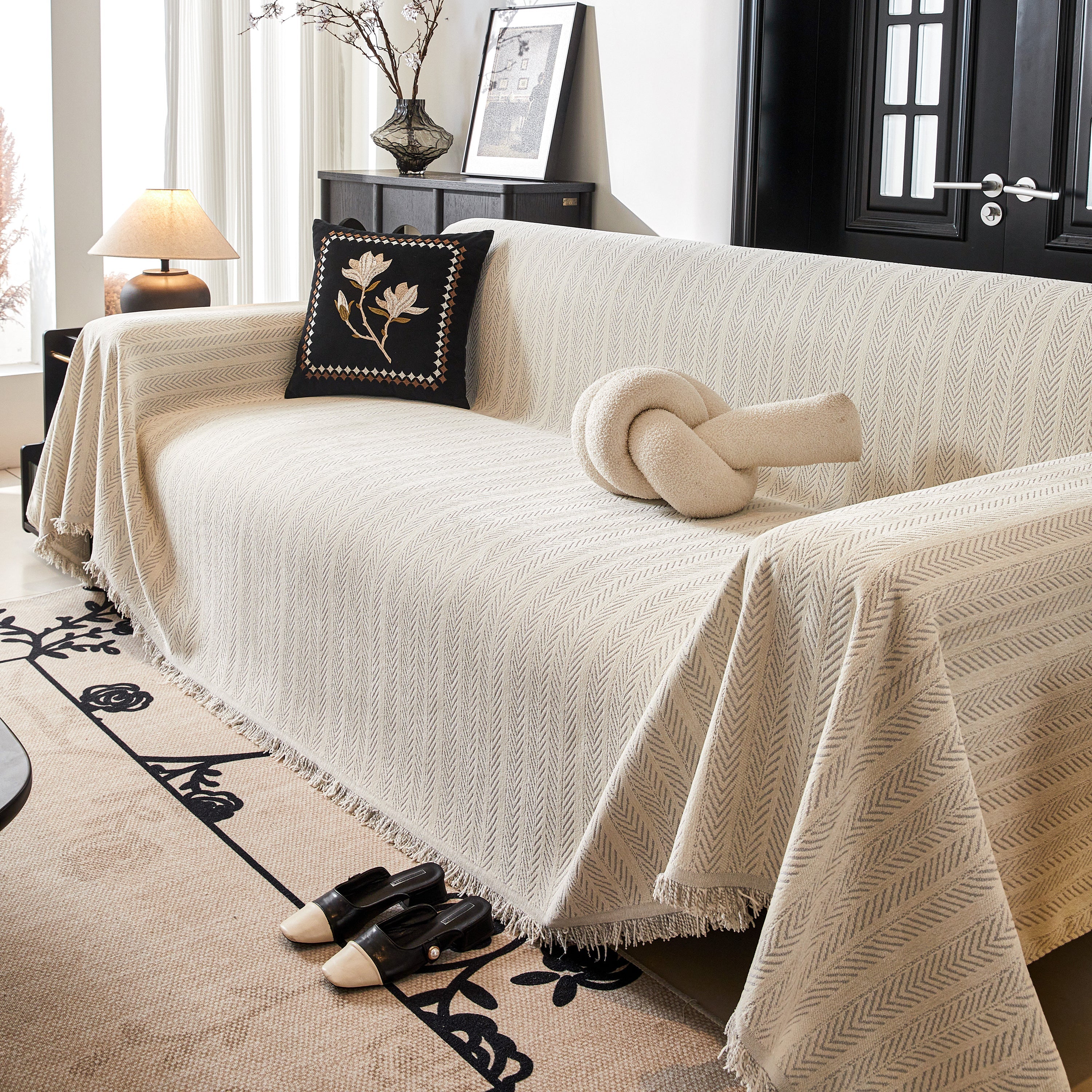 Herringbone Chenille Couch Cover Blanket Soft Durable Throw Sofa Protector with Tassel - Image 122