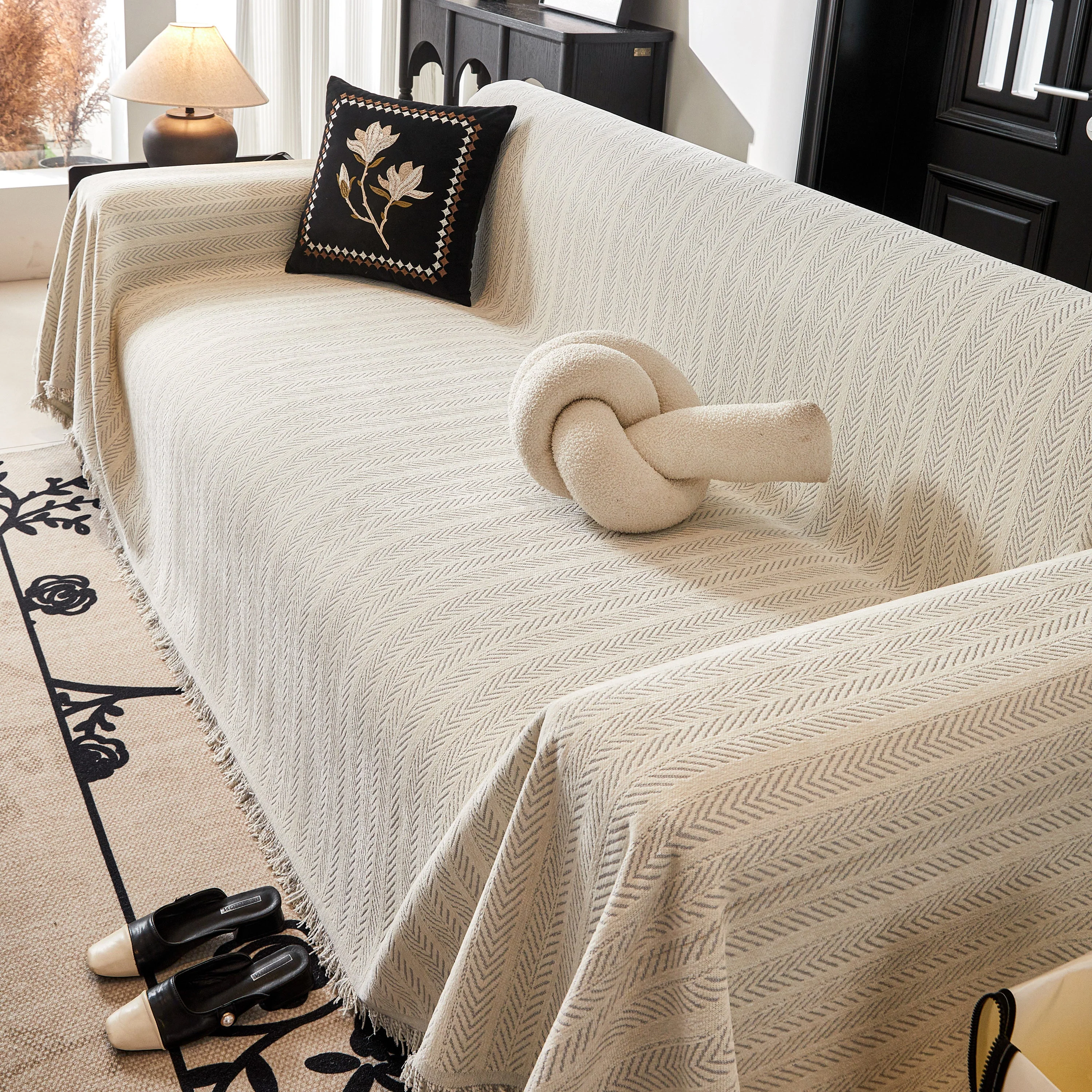 Herringbone Chenille Couch Cover Blanket Soft Durable Throw Sofa Protector with Tassel - Image 123