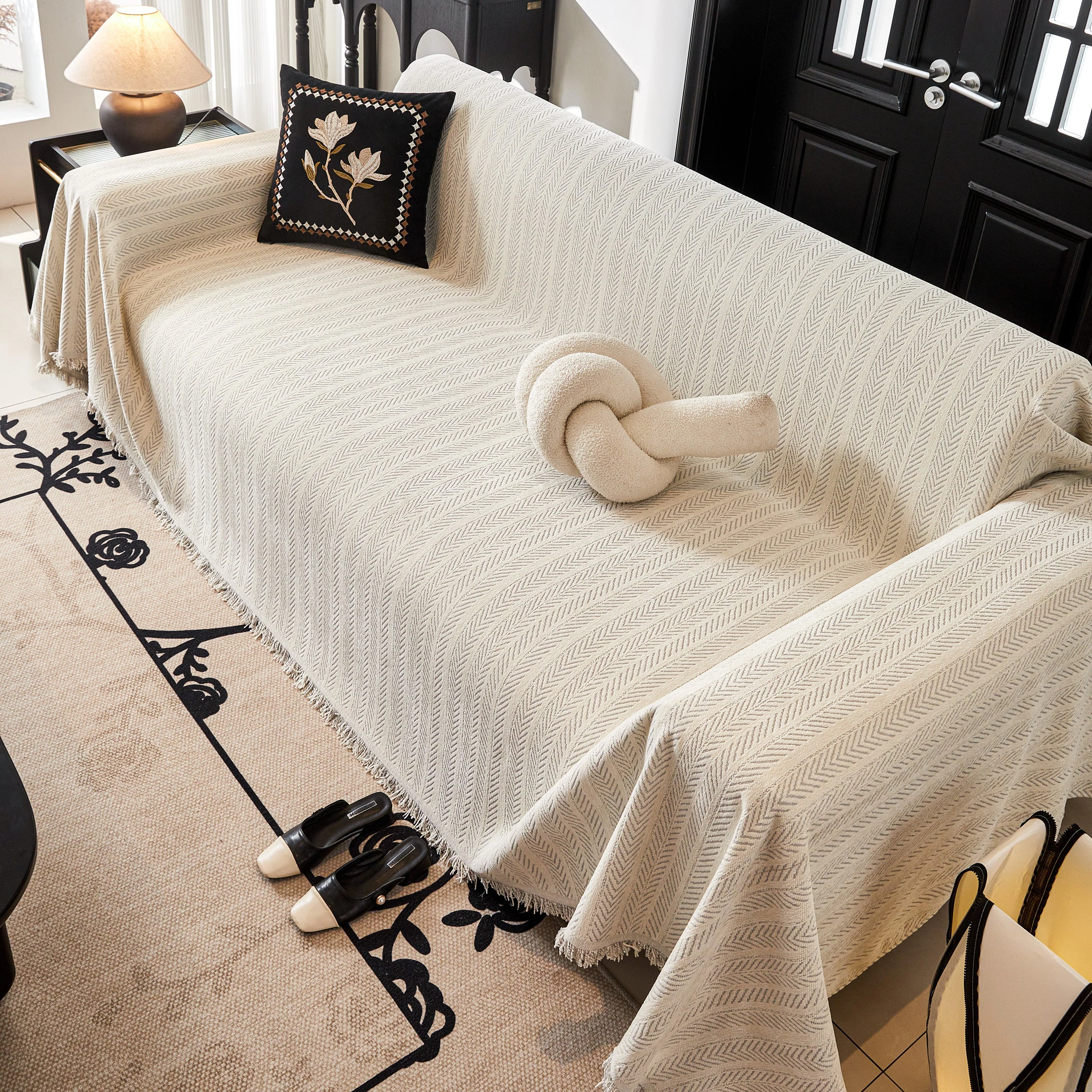 Herringbone Chenille Couch Cover Blanket Soft Durable Throw Sofa Protector with Tassel - Image 124