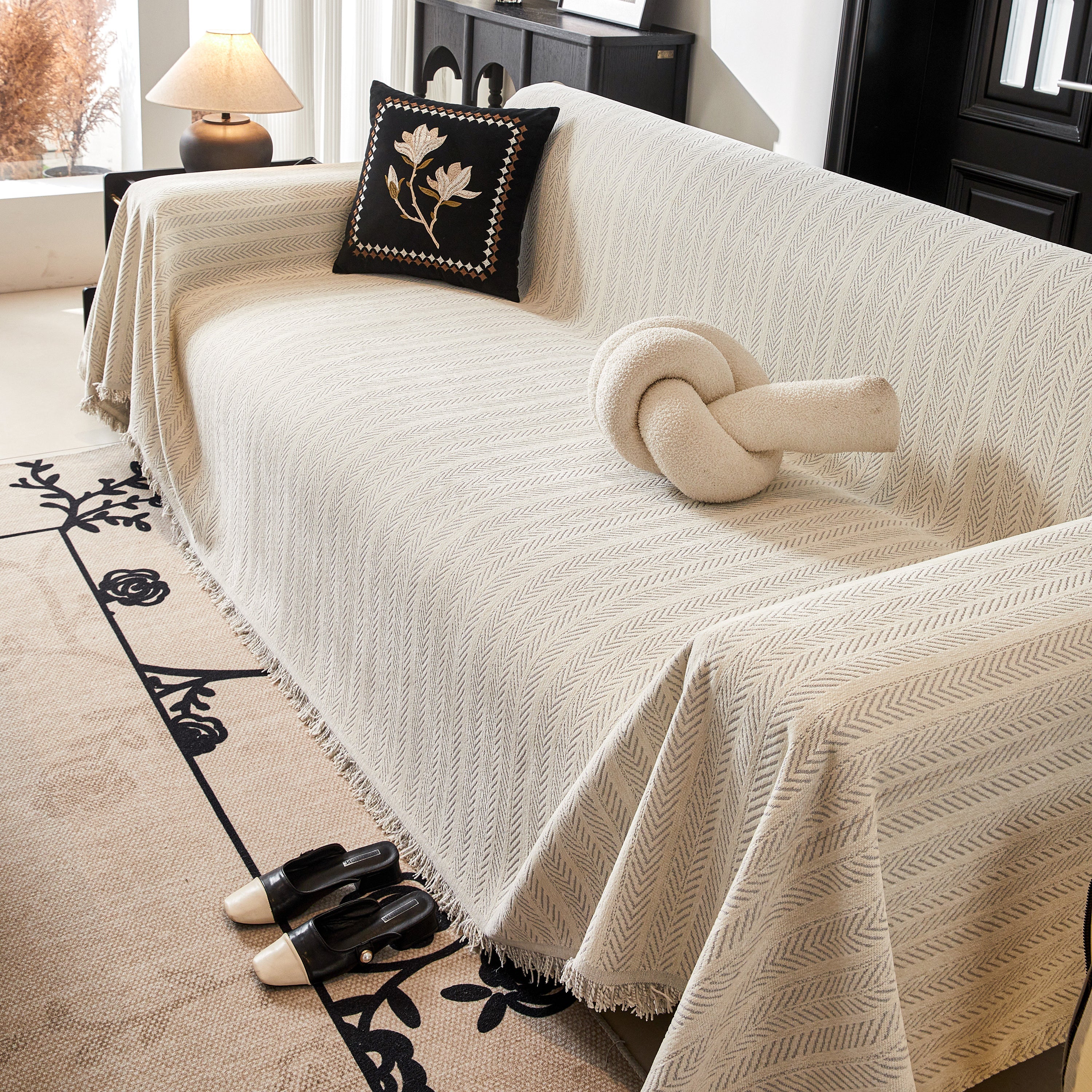 Herringbone Chenille Couch Cover Blanket Soft Durable Throw Sofa Protector with Tassel - Image 125