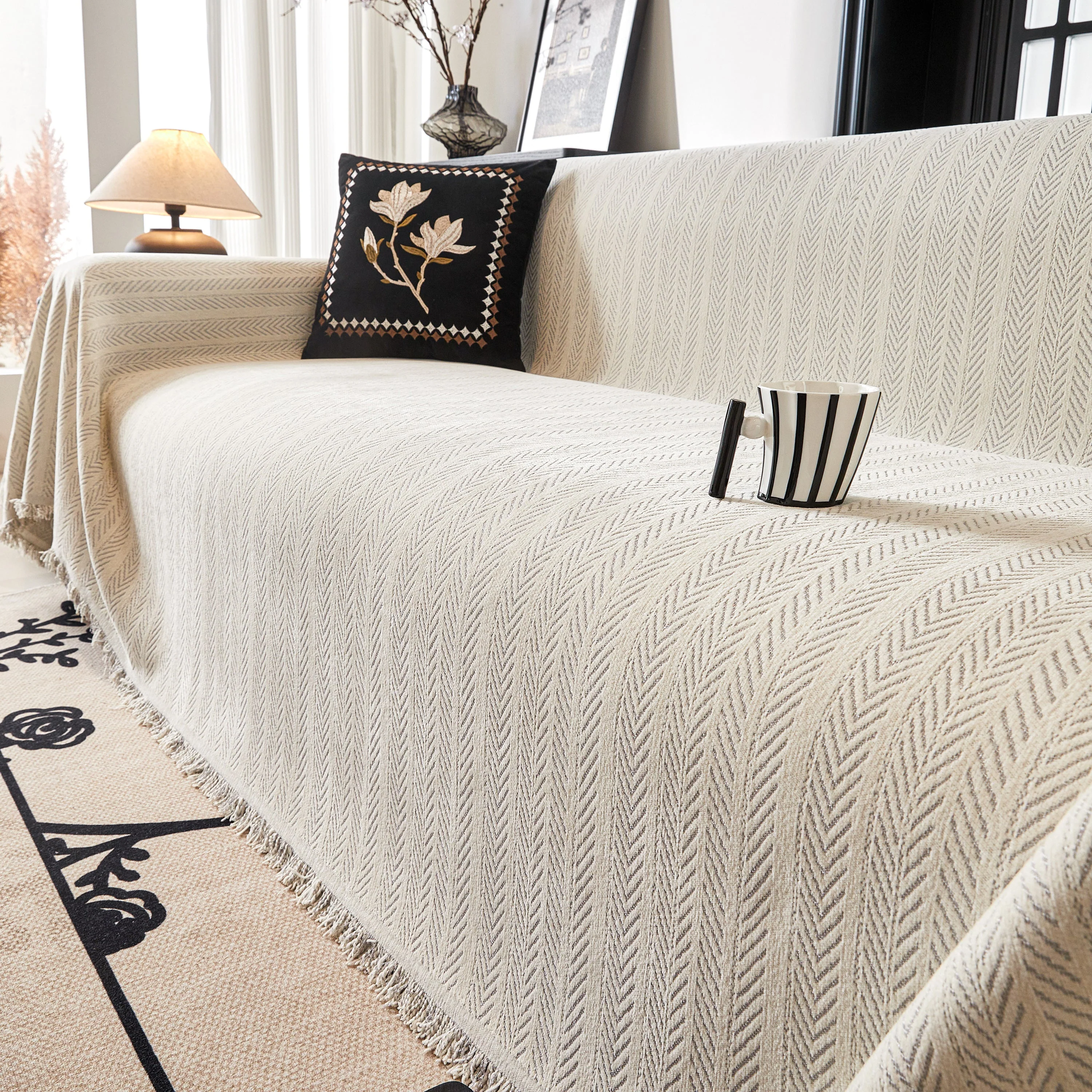 Herringbone Chenille Couch Cover Blanket Soft Durable Throw Sofa Protector with Tassel - Image 129