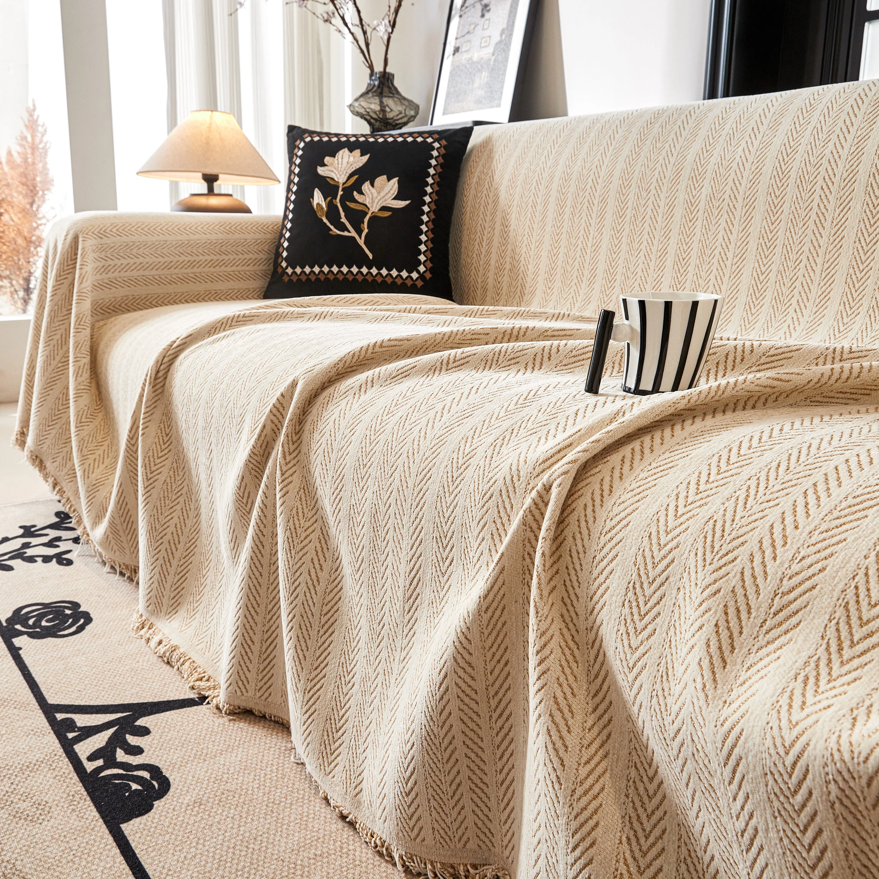 Herringbone Chenille Couch Cover Blanket Soft Durable Throw Sofa Protector with Tassel - Image 13