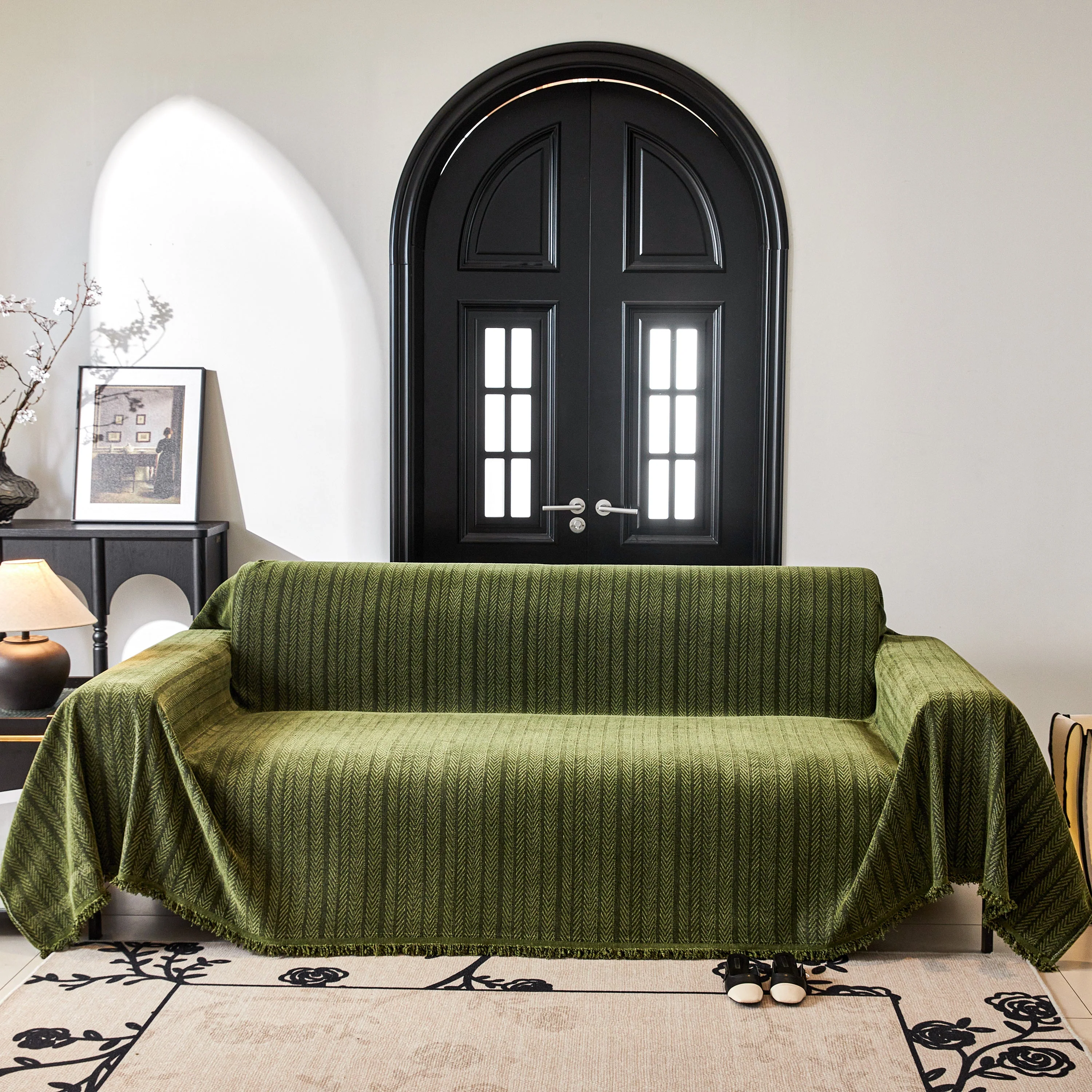 Herringbone Chenille Couch Cover Blanket Soft Durable Throw Sofa Protector with Tassel - Image 130