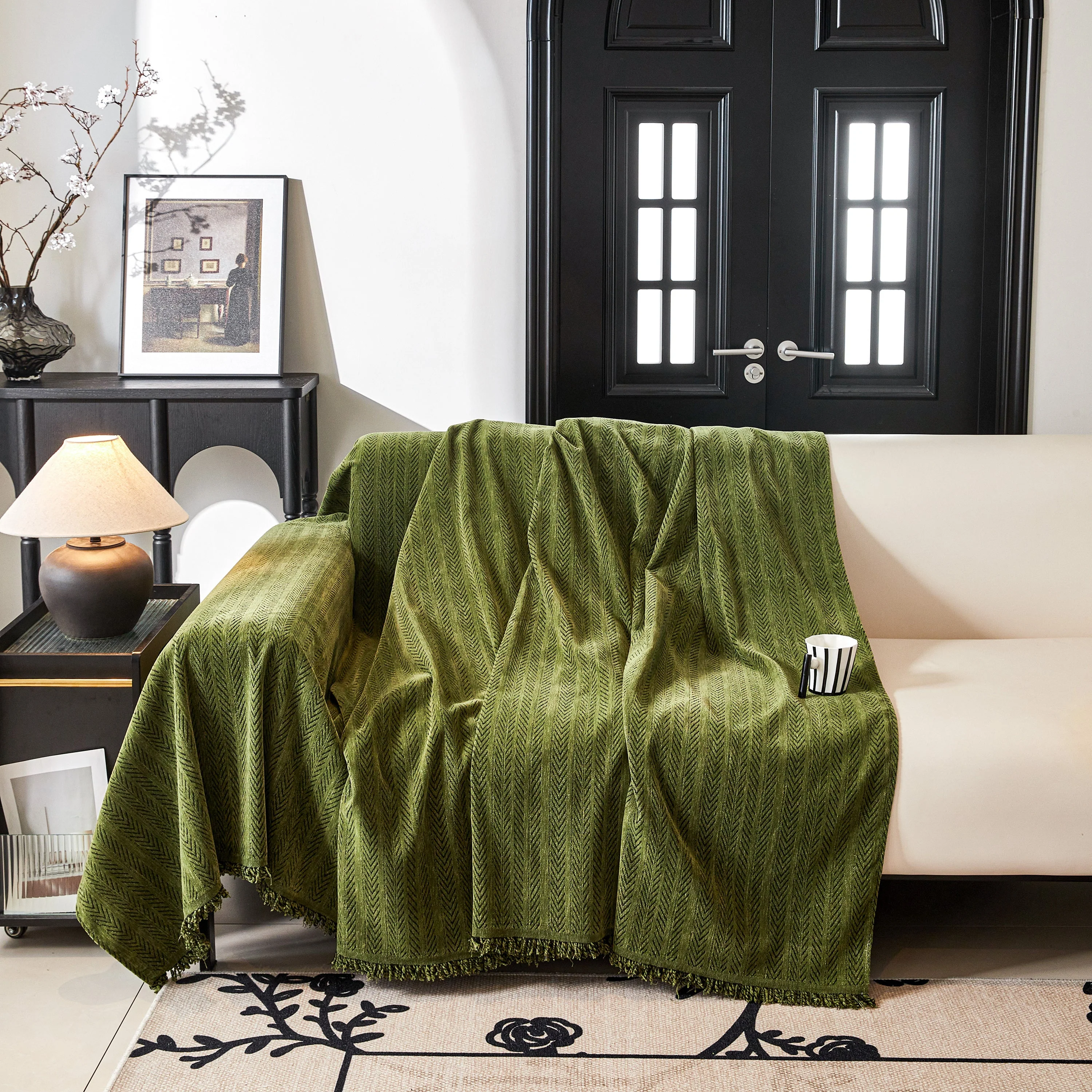 Herringbone Chenille Couch Cover Blanket Soft Durable Throw Sofa Protector with Tassel - Image 139