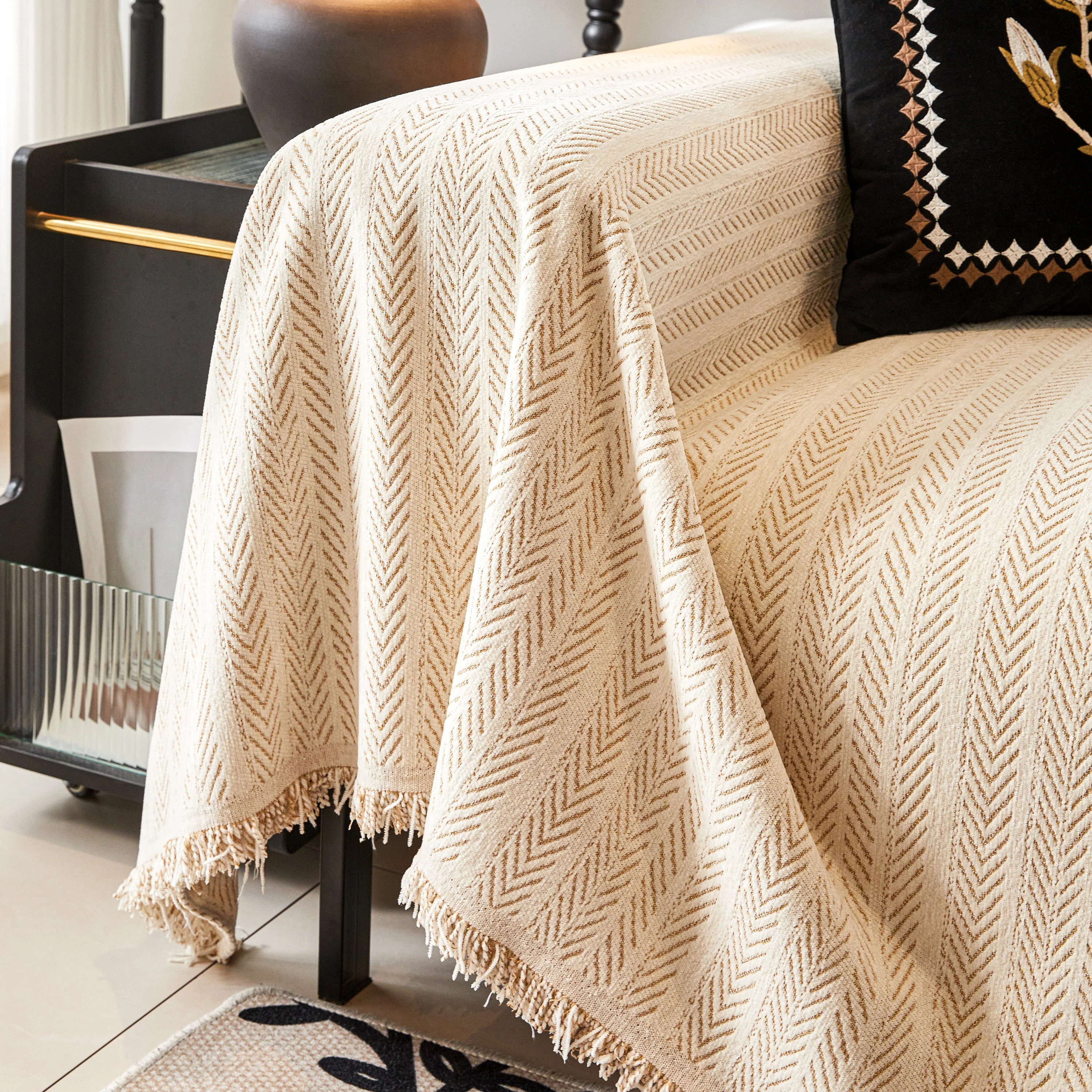 Herringbone Chenille Couch Cover Blanket Soft Durable Throw Sofa Protector with Tassel - Image 14