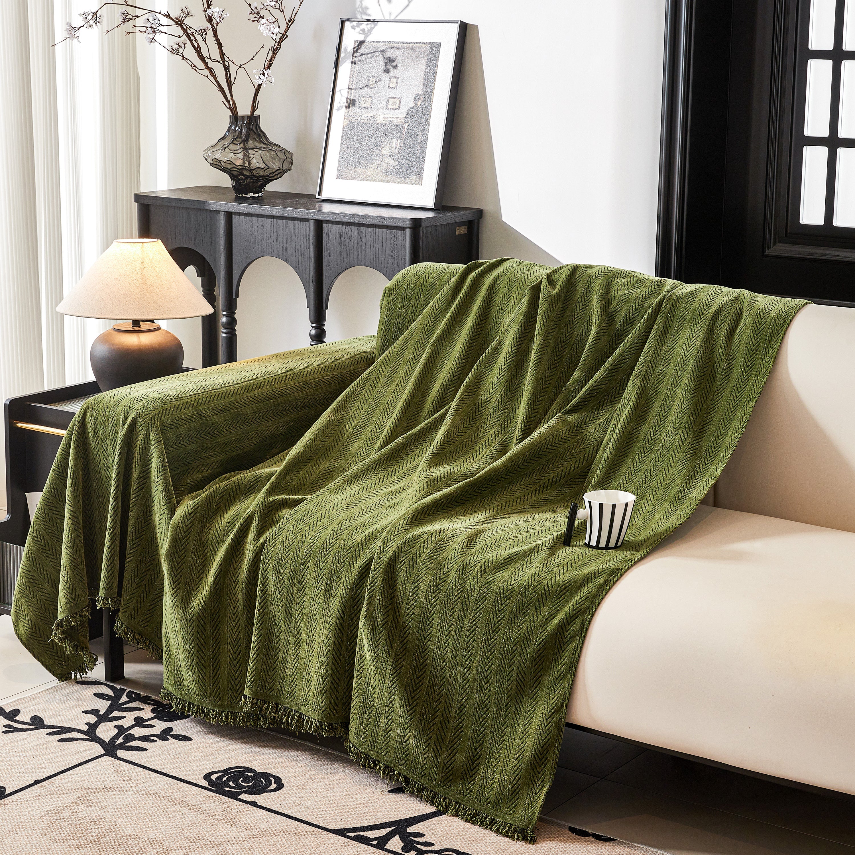 Herringbone Chenille Couch Cover Blanket Soft Durable Throw Sofa Protector with Tassel - Image 140